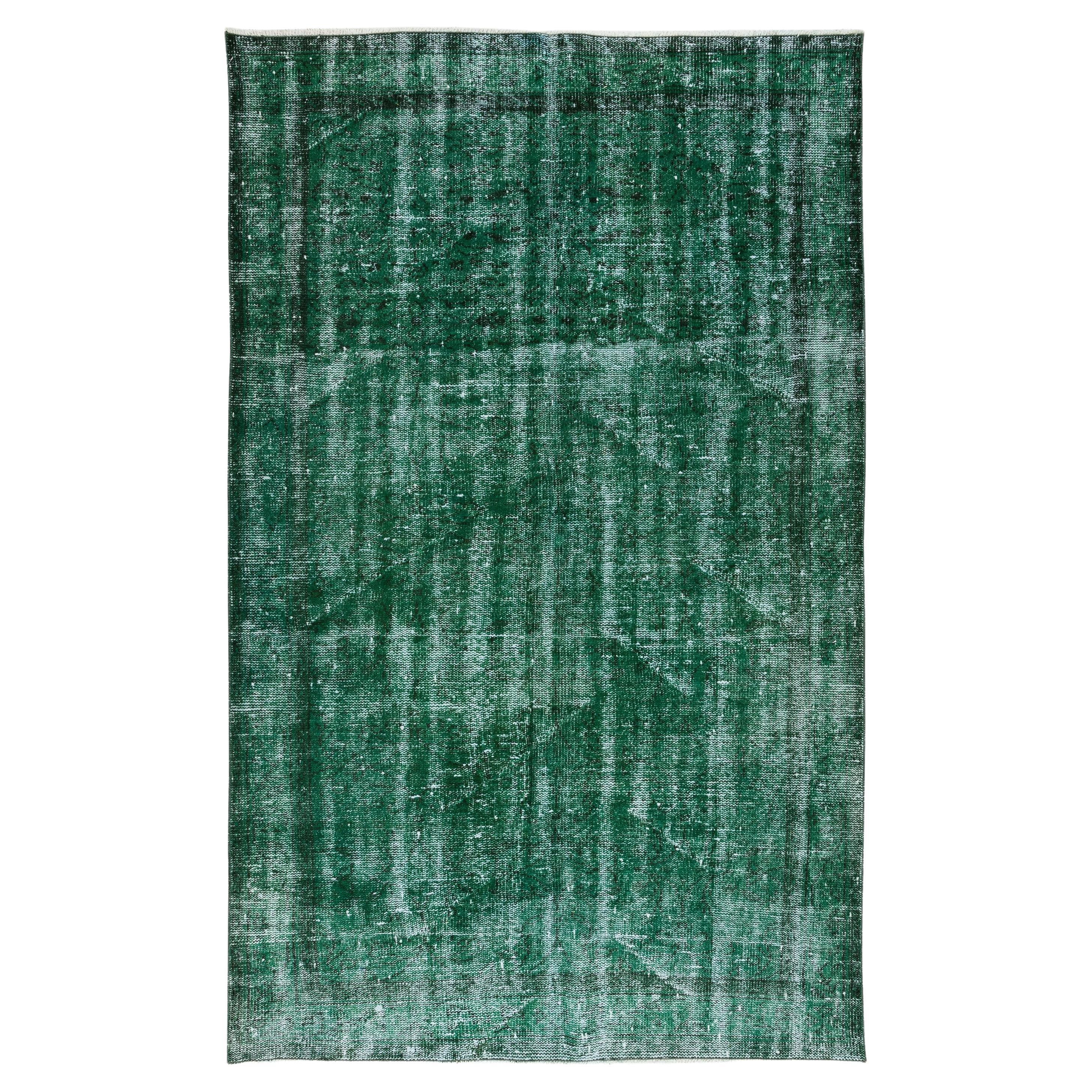Distressed Vintage Hand Knotted Rug in Green, Modern Anatolian Carpet For Sale