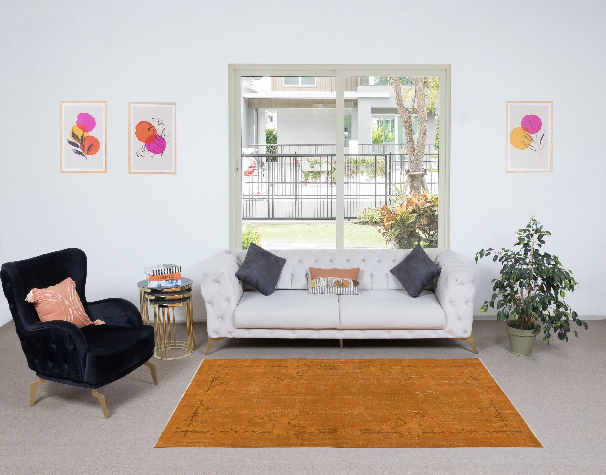 4,8x7,8 Ft Art-Déco-inspirierter handgefertigter Teppich aus orangefarbener Wolle für Modern InteriorS (Handgeknüpft) im Angebot
