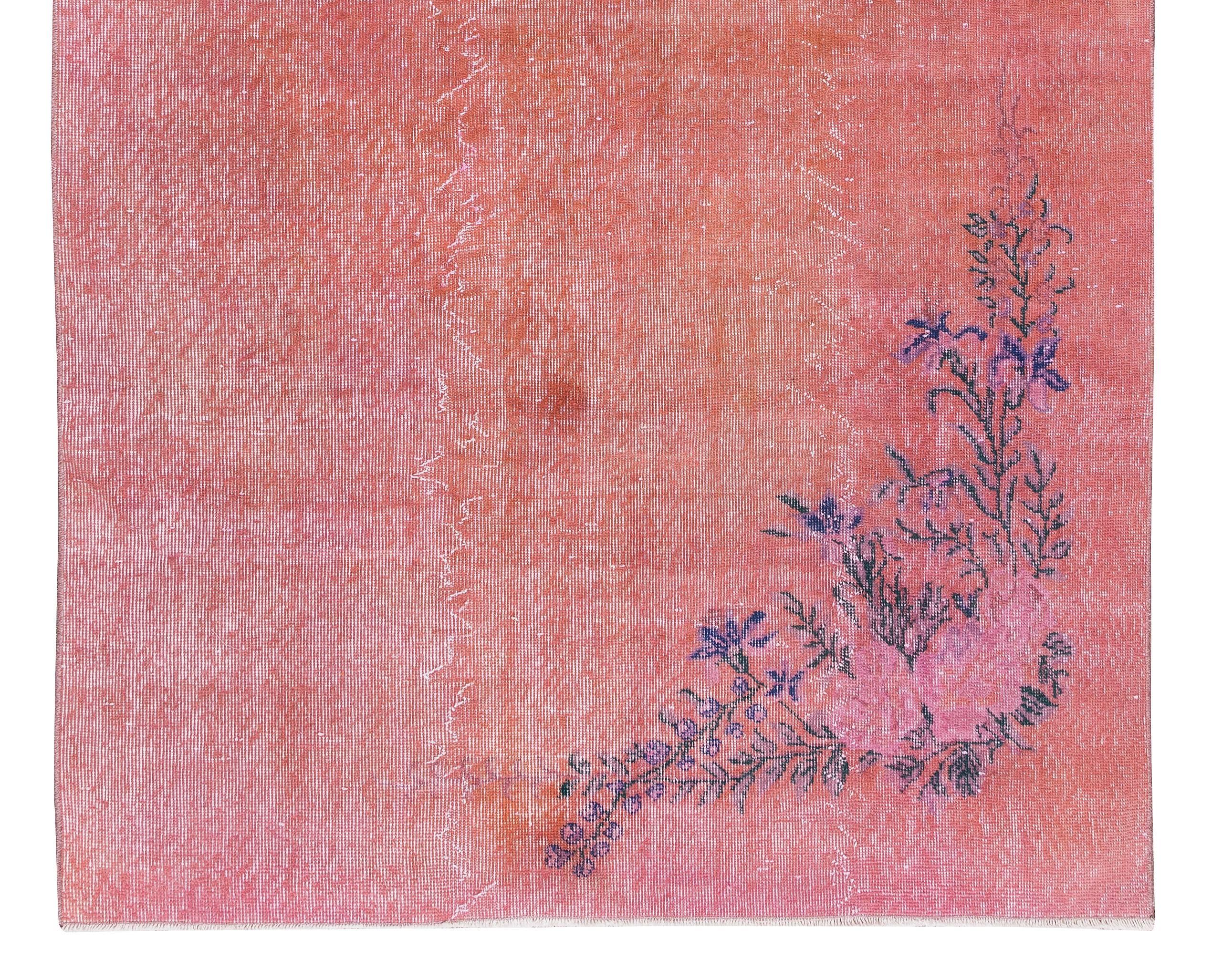 Hand-Woven 4.8x8 Ft Art Deco Chinese Rug Re-Dyed in Pink, Mid-Century Handmade Wool Carpet