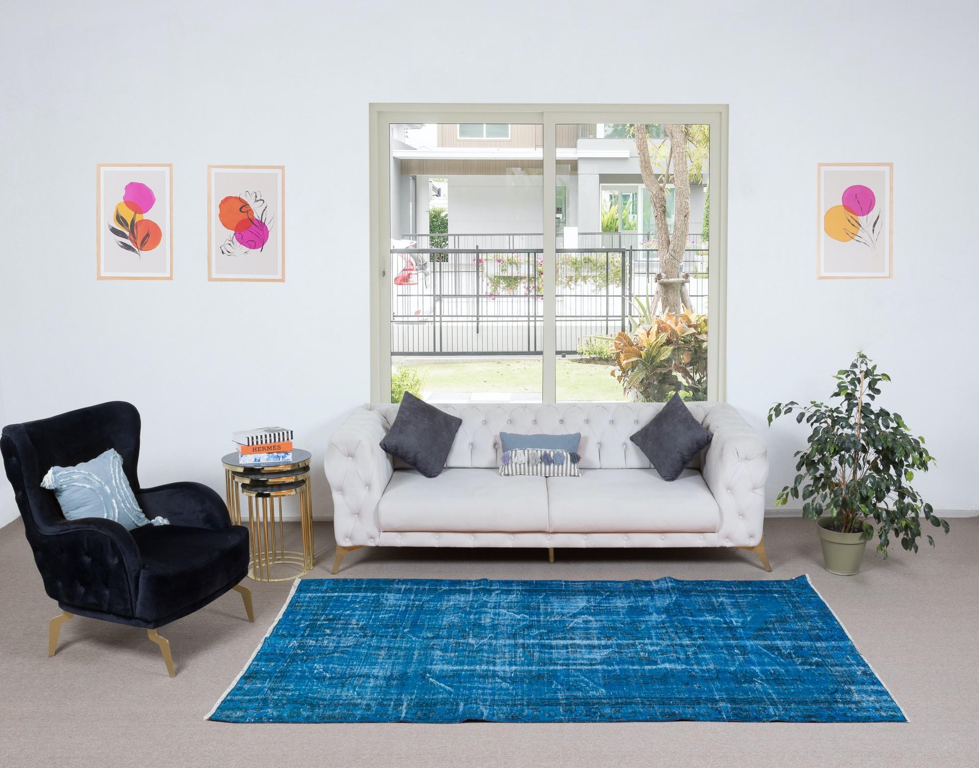 20th Century 4.8x8 Ft Handmade Turkish Rug, Great 4 Modern Interiors, Blue Living Room Carpet For Sale