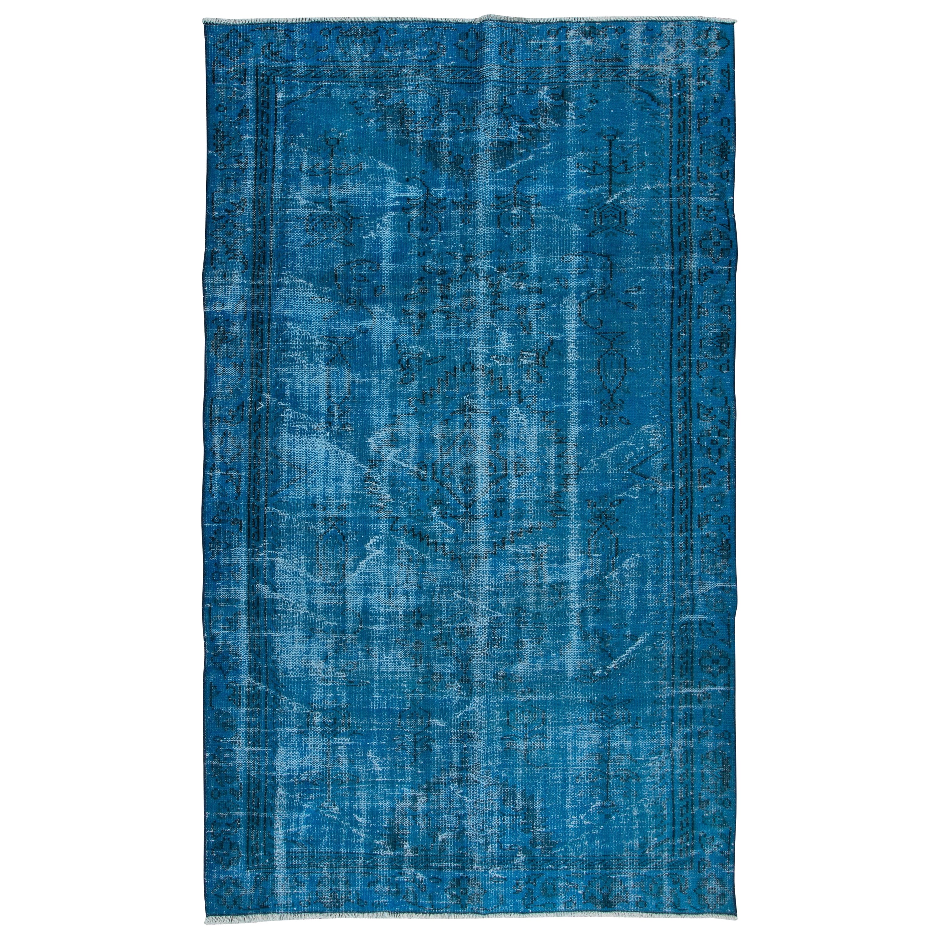 Tappeto turco fatto a mano 4.8x8 Ft, Grande 4 Interni moderni, Tappeto blu per il soggiorno