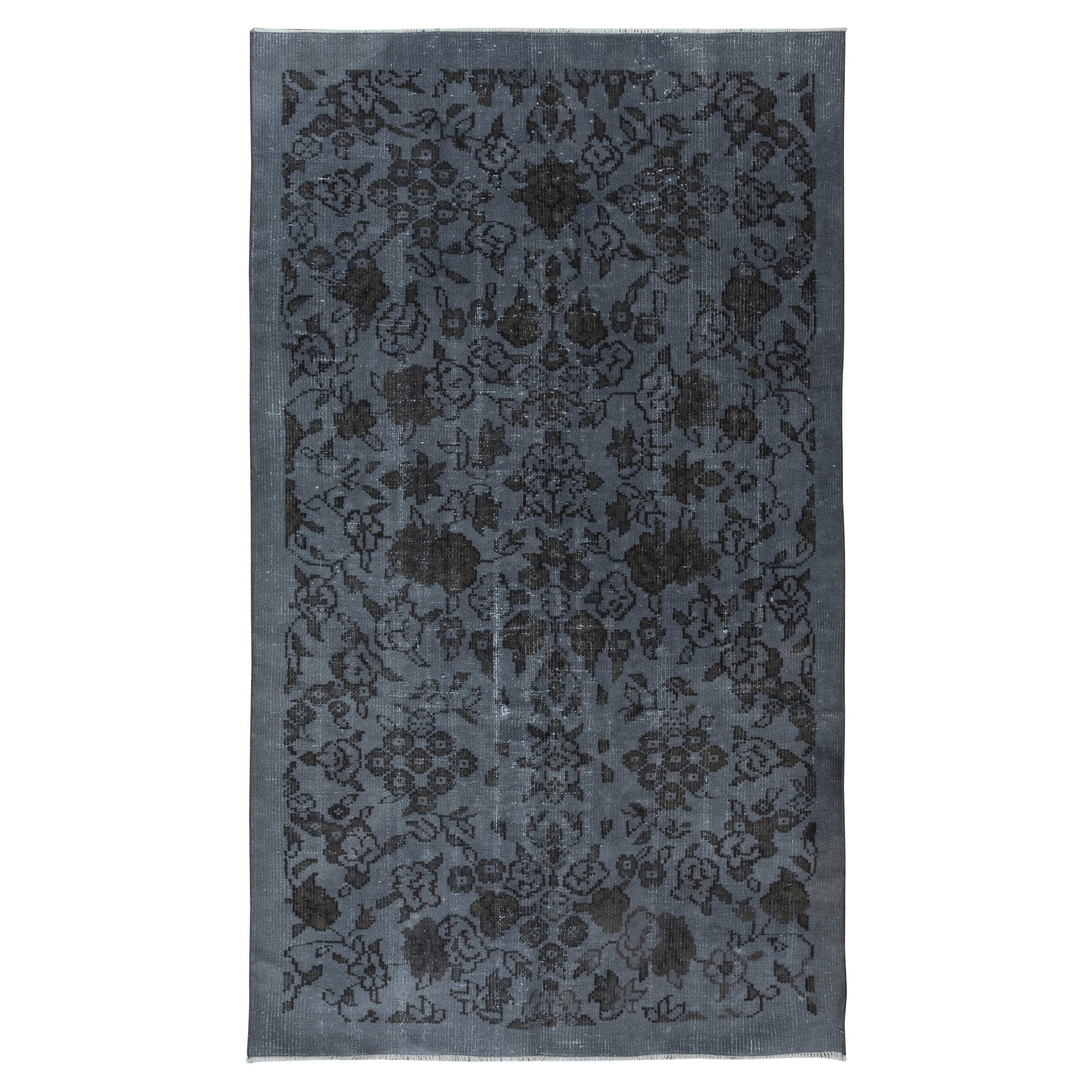 Alfombra turca hecha a mano de 4,8x8 pies con fondo gris oscuro y dibujo floral marrón