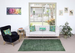 4.8x8 Ft Modern Green Turkish Rug. Vintage Handmade Wool Area Rug