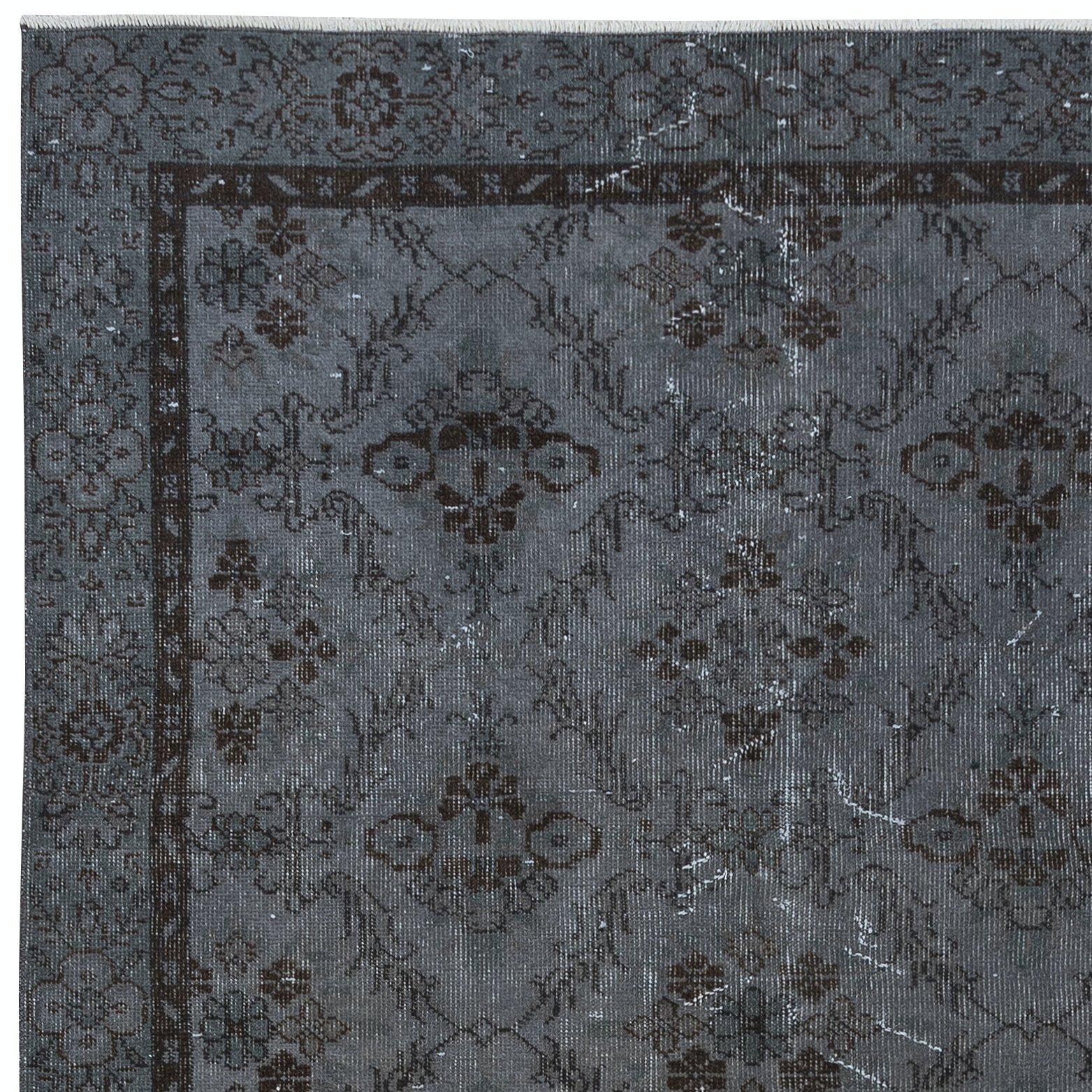 Turkish 4.8x8.4 Ft Authentic Handmade Rug, Floral Pattern Upcycled Carpet in Pure Gray For Sale