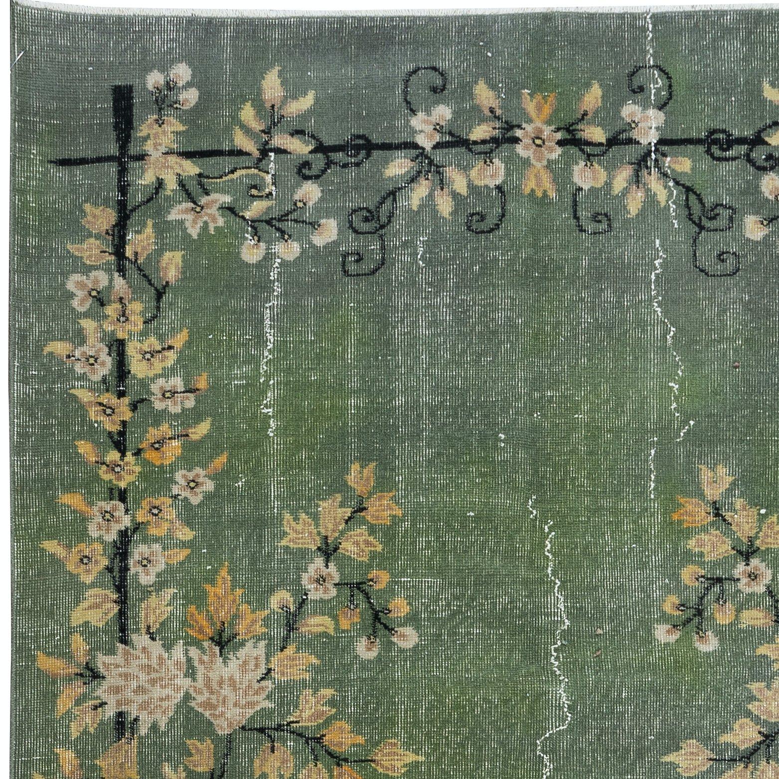 Hand-Knotted 4.8x8.6 Ft Floral Art Deco Rug, Green Handmade Modern Wool and Cotton Carpet For Sale