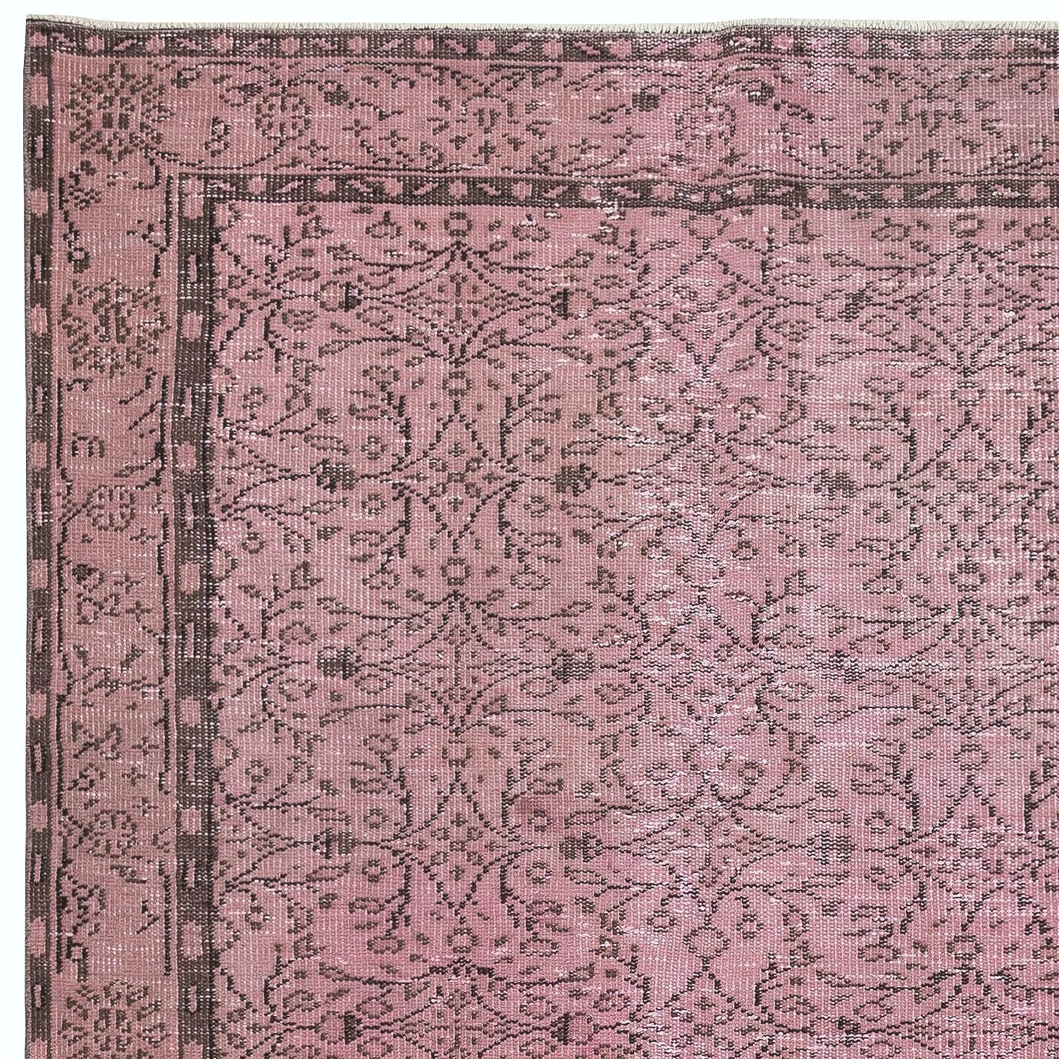 Turkish 4.8x8.6 Ft Hand-Made Floral Design Wool Rug from Turkey. Pink Color Area Rug For Sale