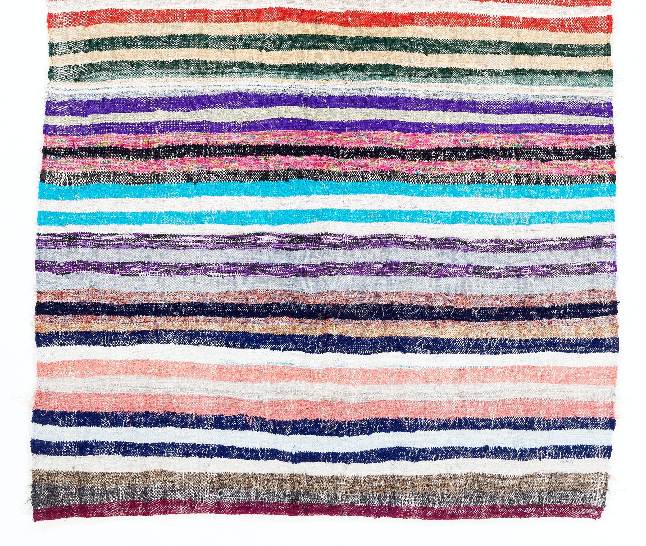 Hand-Woven 5x8.8 Ft Vintage Striped Cotton Kilim. Flatweave Rag Rug. Lovely Turkish Carpet For Sale