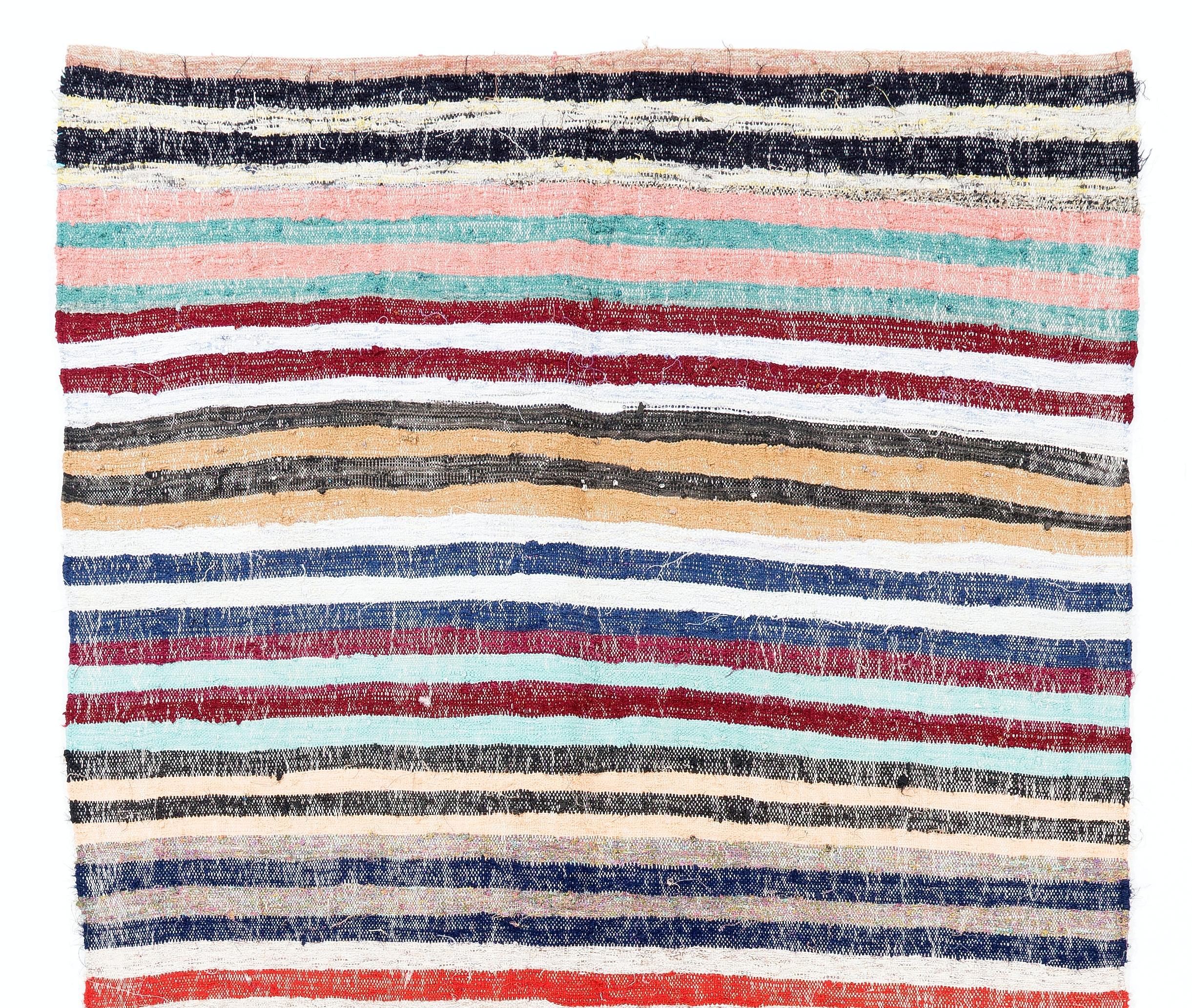 Hand-Woven 5x8.8 Ft Vintage Striped Cotton Kilim. Flatweave Rag Rug. Lovely Turkish Carpet For Sale