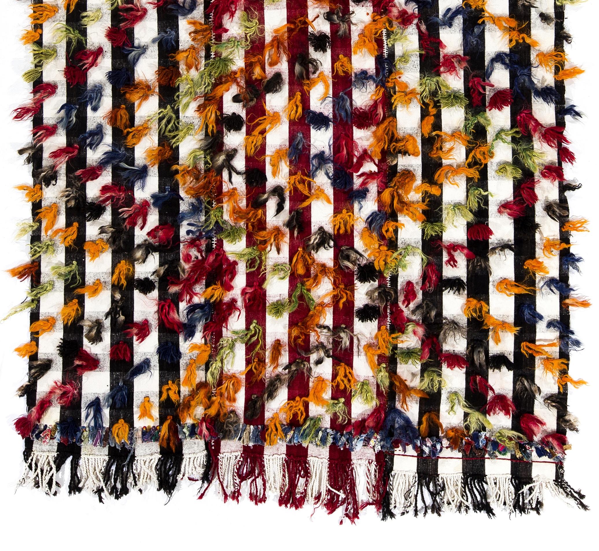 Turkish 4.8x9 ft Banded Tribal Kilim Rug with Colorful Poms. Bed Cover, Wall Hanging For Sale