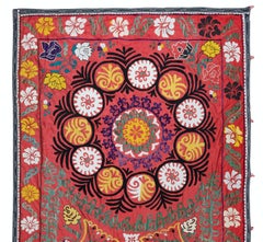 Suzani Wall Hanging, Embroidered Table Runner in Red, Cotton Bedspread