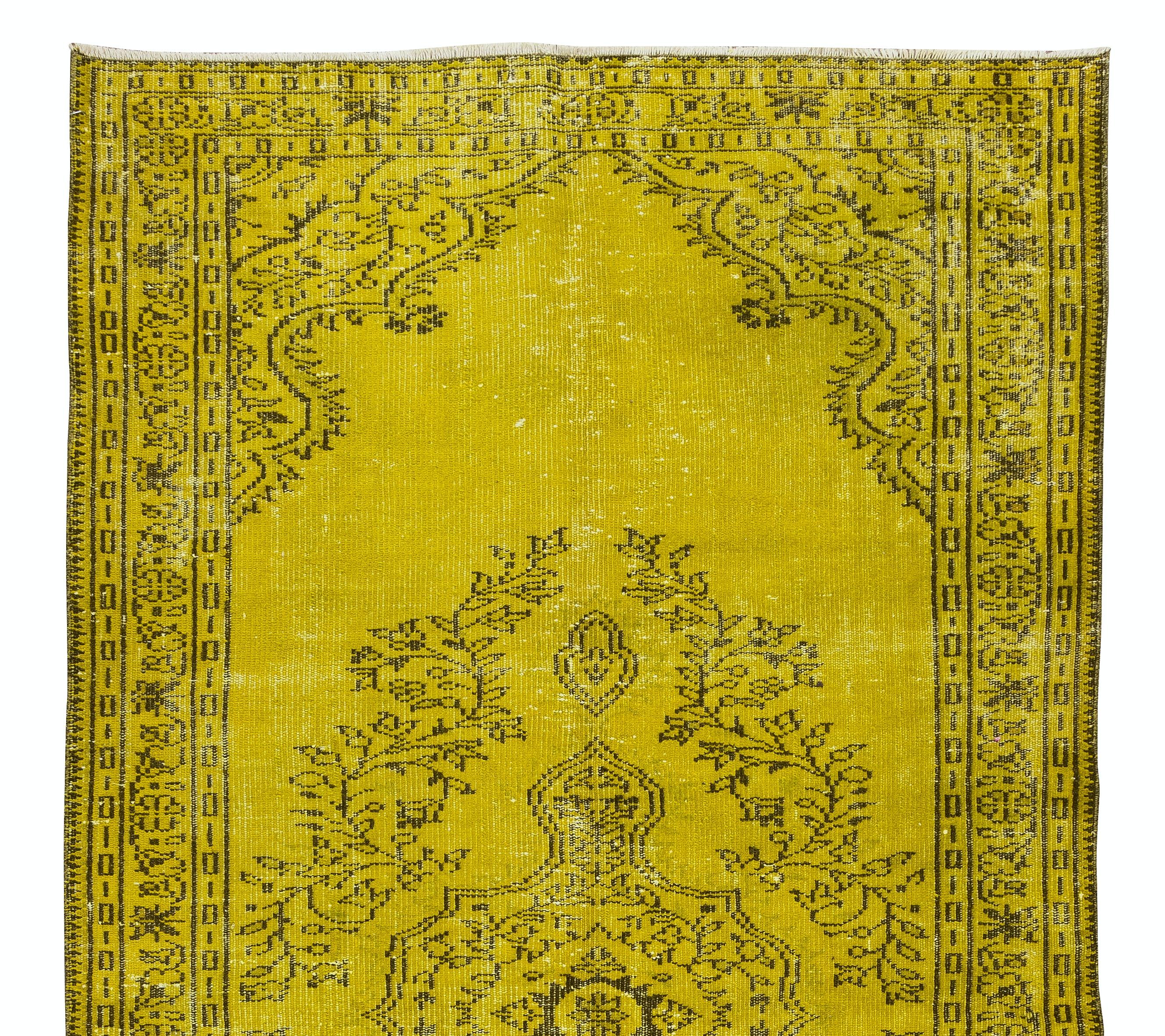 Hand-Woven 4.8x9 Ft Yellow Contemporary Handmade Area Rug, Vintage Turkish Wool Carpet For Sale