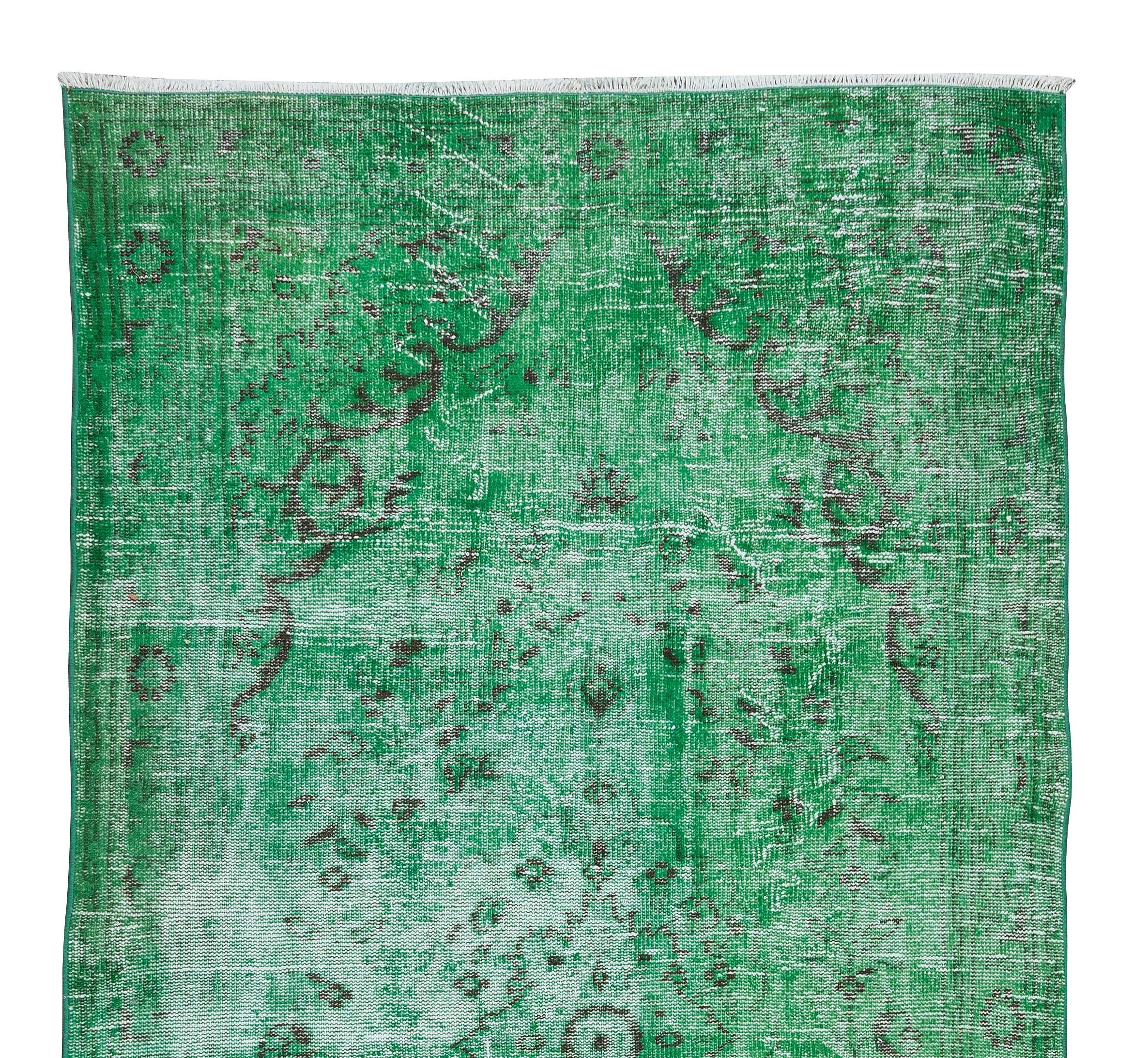 Modern Handmade Turkish Green Rug Distressed Look Vintage Carpet In Good Condition For Sale In Philadelphia, PA