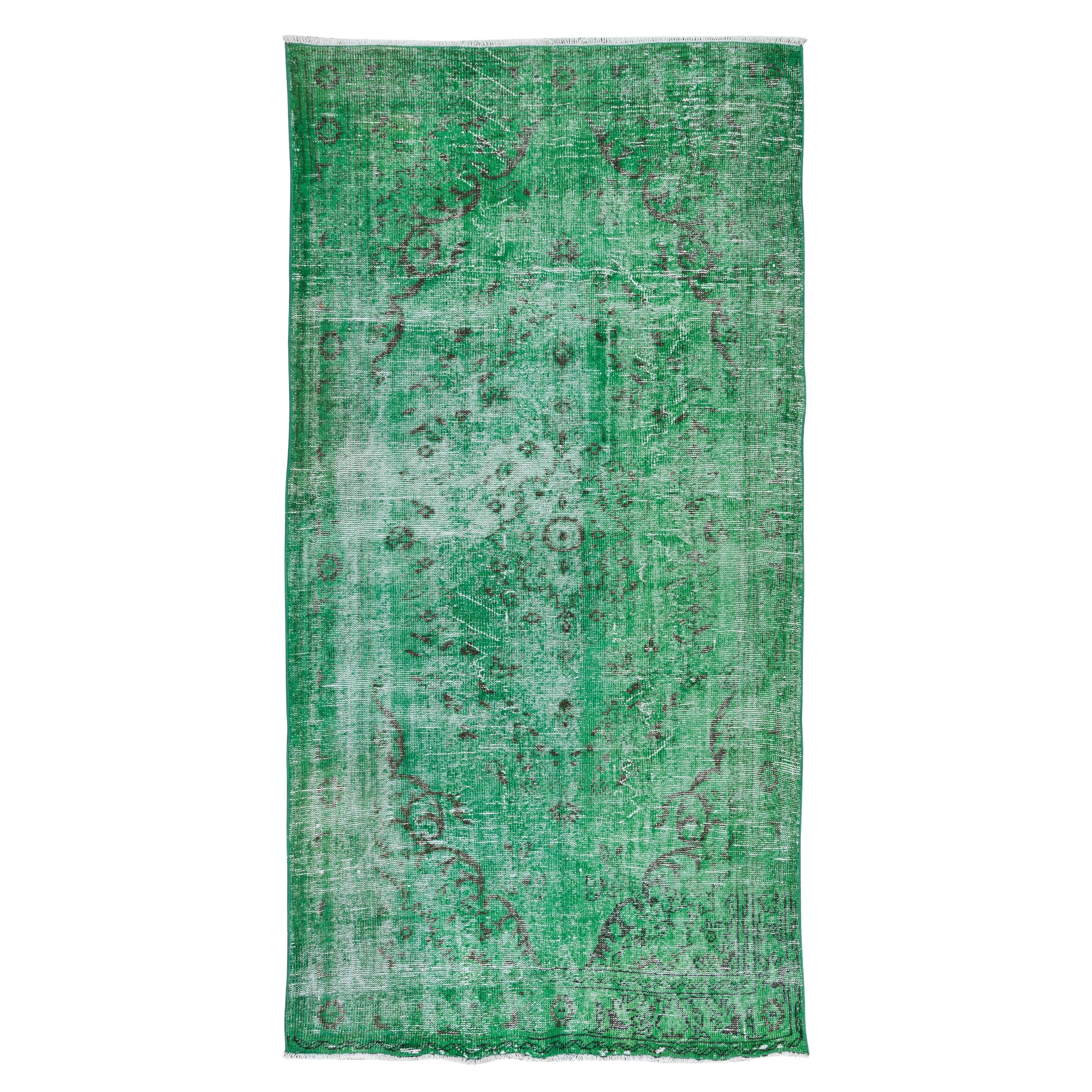 Modern Handmade Turkish Green Rug Distressed Look Vintage Carpet