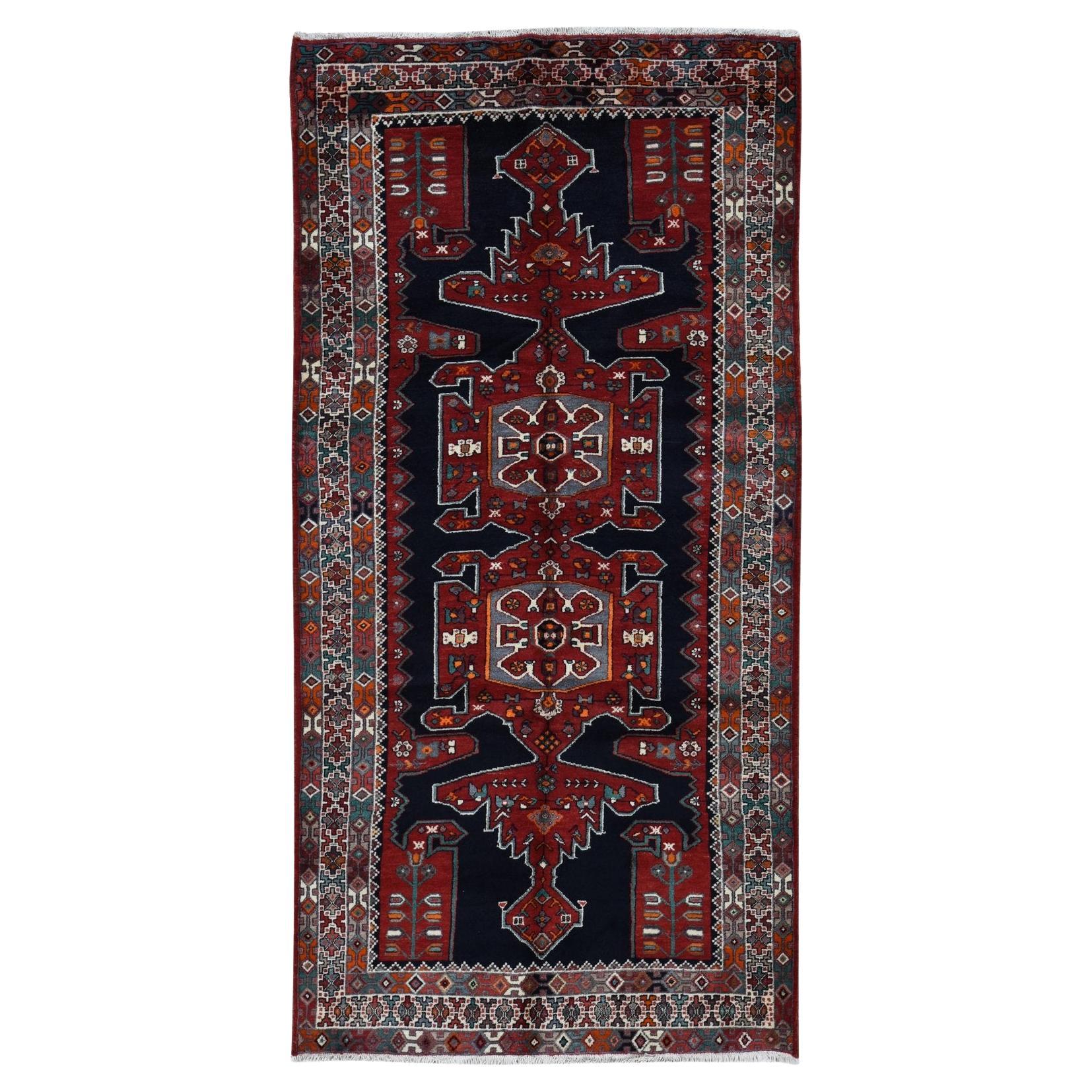 4'8 "x9'7" Blau, Neupersisch Hamadan, Reine Wolle, Handgeknüpft, Läufer-Teppich im Angebot
