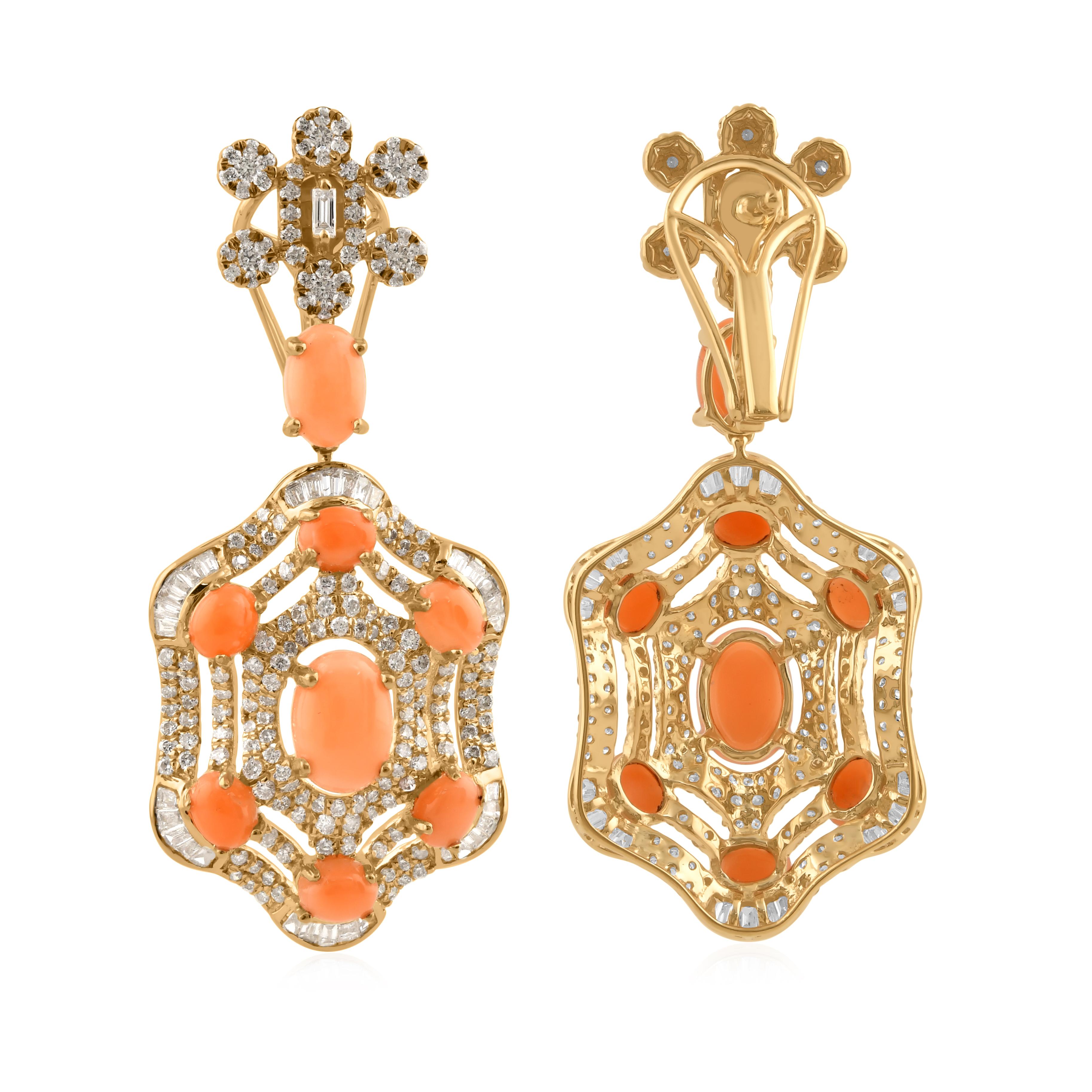 Cast from 18-karat gold, these exquisite earrings are handset with 4.90 carats Coral and 2.27 carats of sparkling diamonds.

FOLLOW SPECTRUM JEWELS storefront to view the latest collection & exclusive pieces. Spectrum Jewels is proudly rated as a