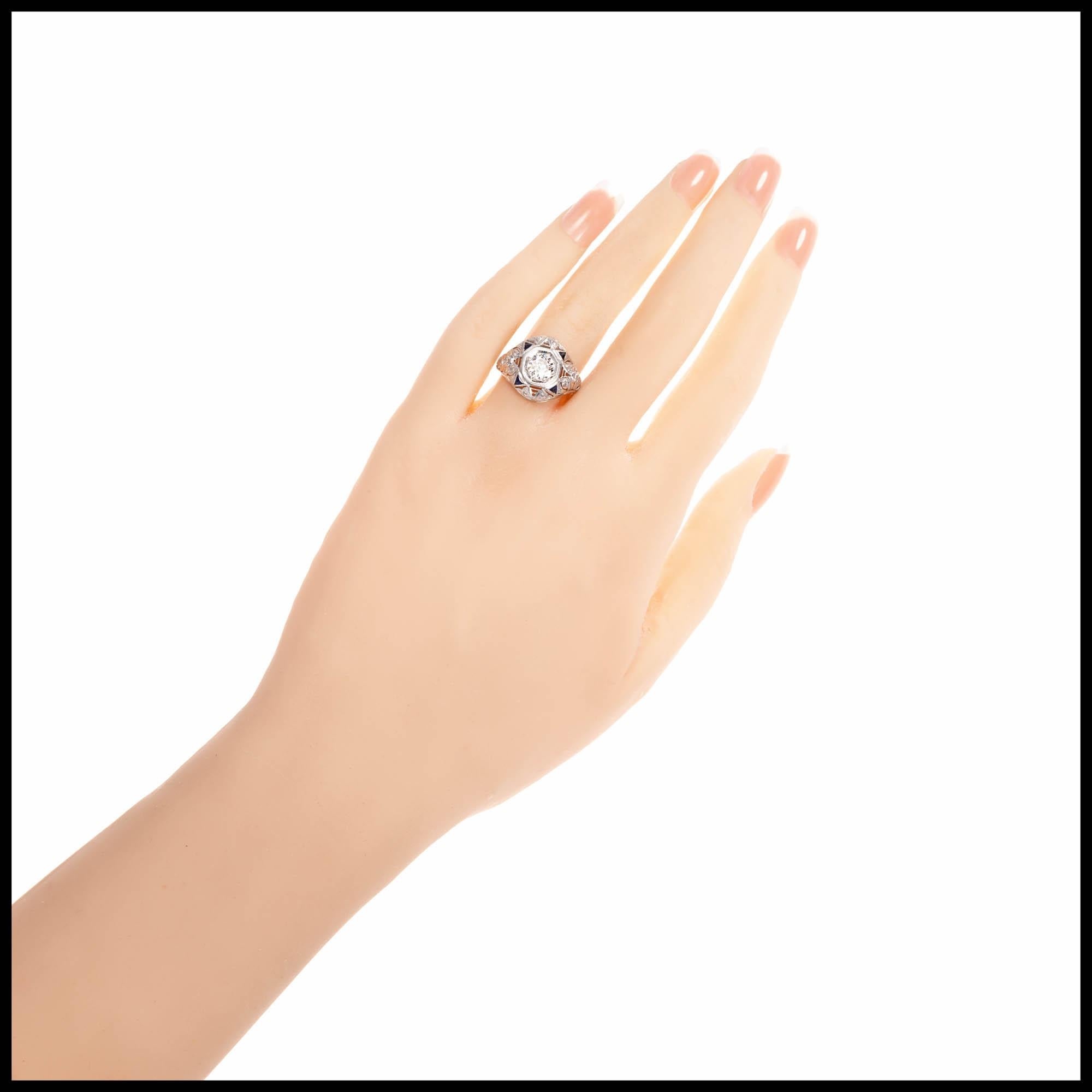 0,49 Karat Diamant Saphir Art Deco Platin Verlobungsring (Rundschliff) im Angebot
