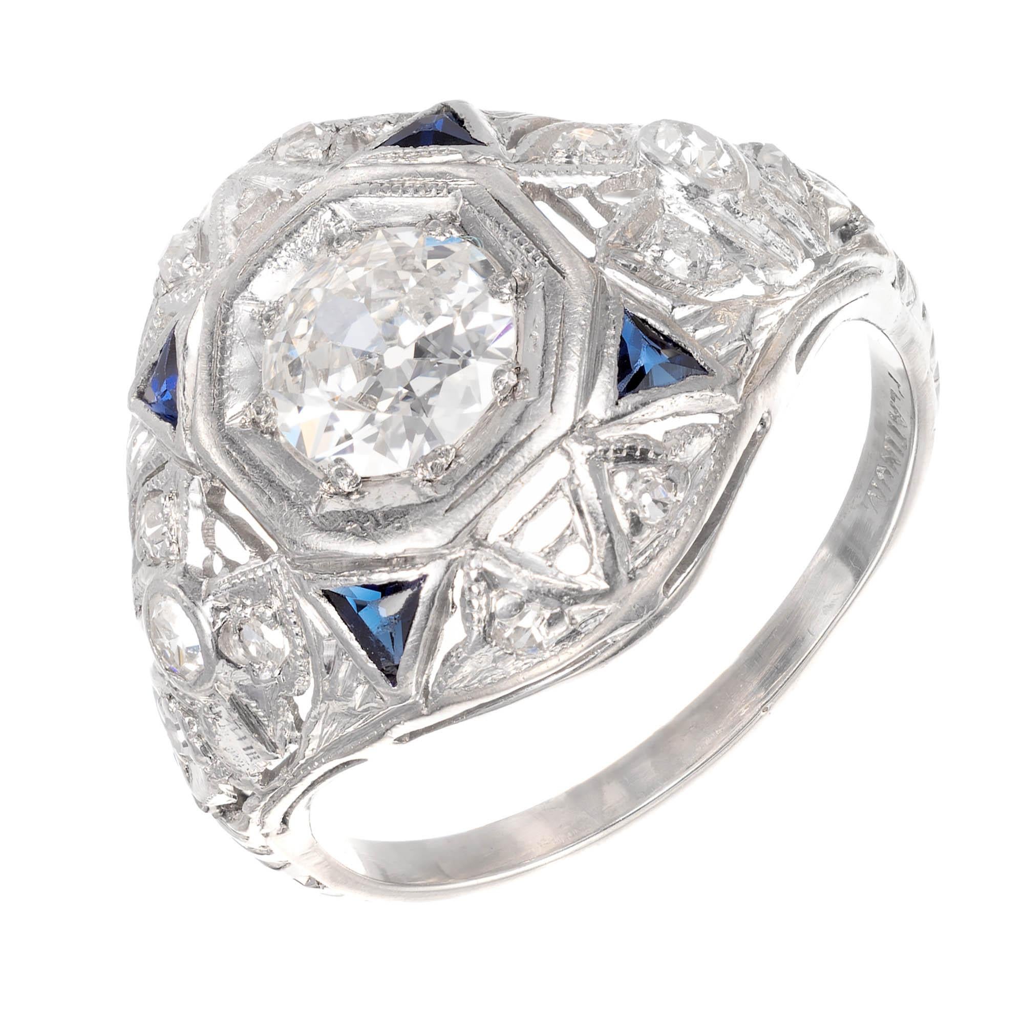 0,49 Karat Diamant Saphir Art Deco Platin Verlobungsring im Angebot