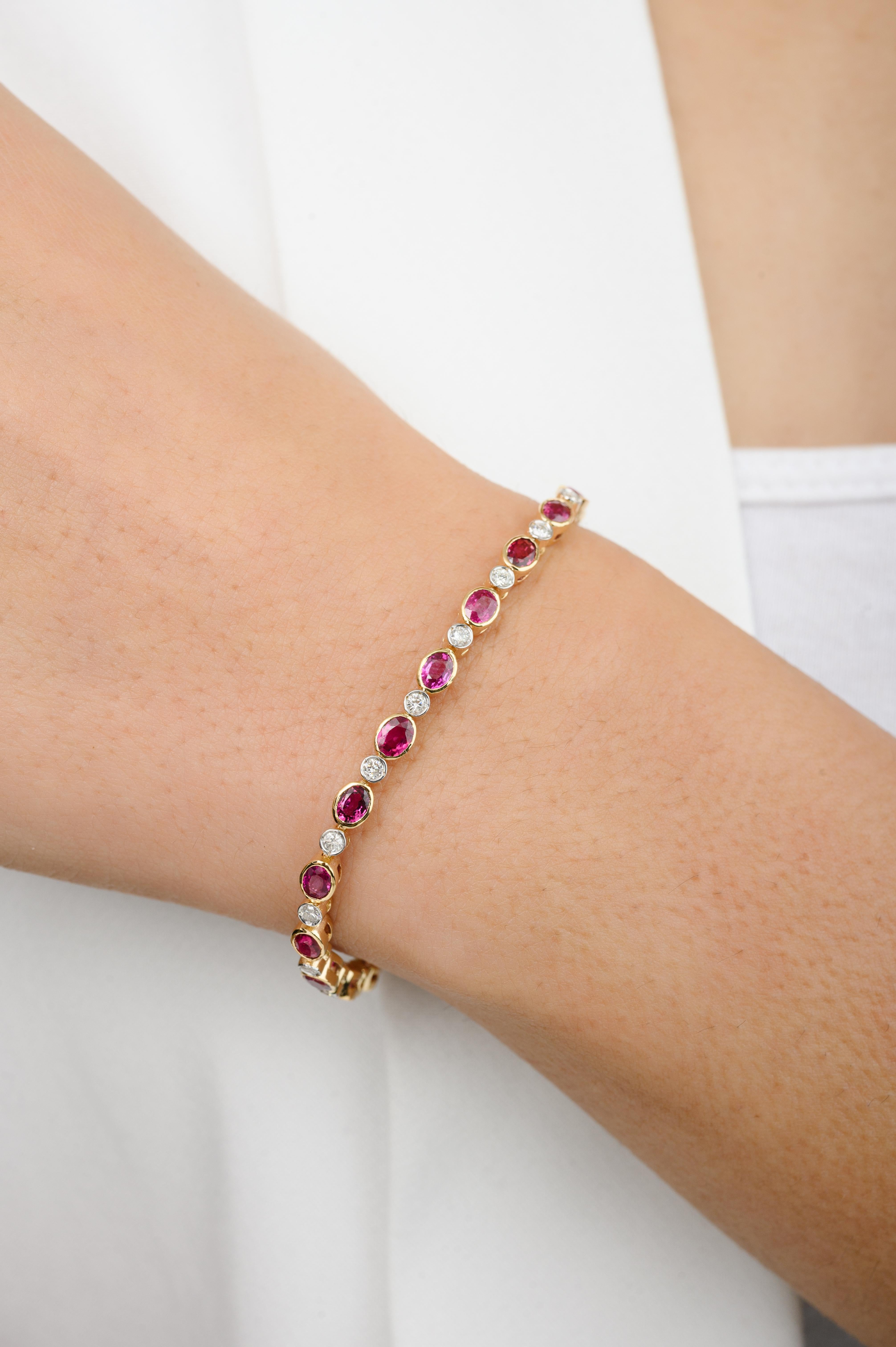 This Diamond and 4.9 Carat Faceted Ruby Tennis Bracelet in 18K gold showcases 4.9 carats endlessly sparkling natural ruby and 0.61 carats of diamonds. It measures 7 inches long in length. 
Ruby improves mental strength. 
Designed with perfect oval