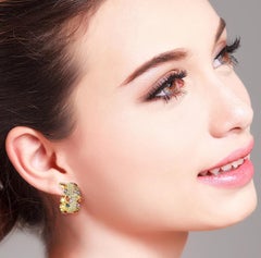 14 Karat Gold Rainbow Sapphire Diamond Hoop Earrings
