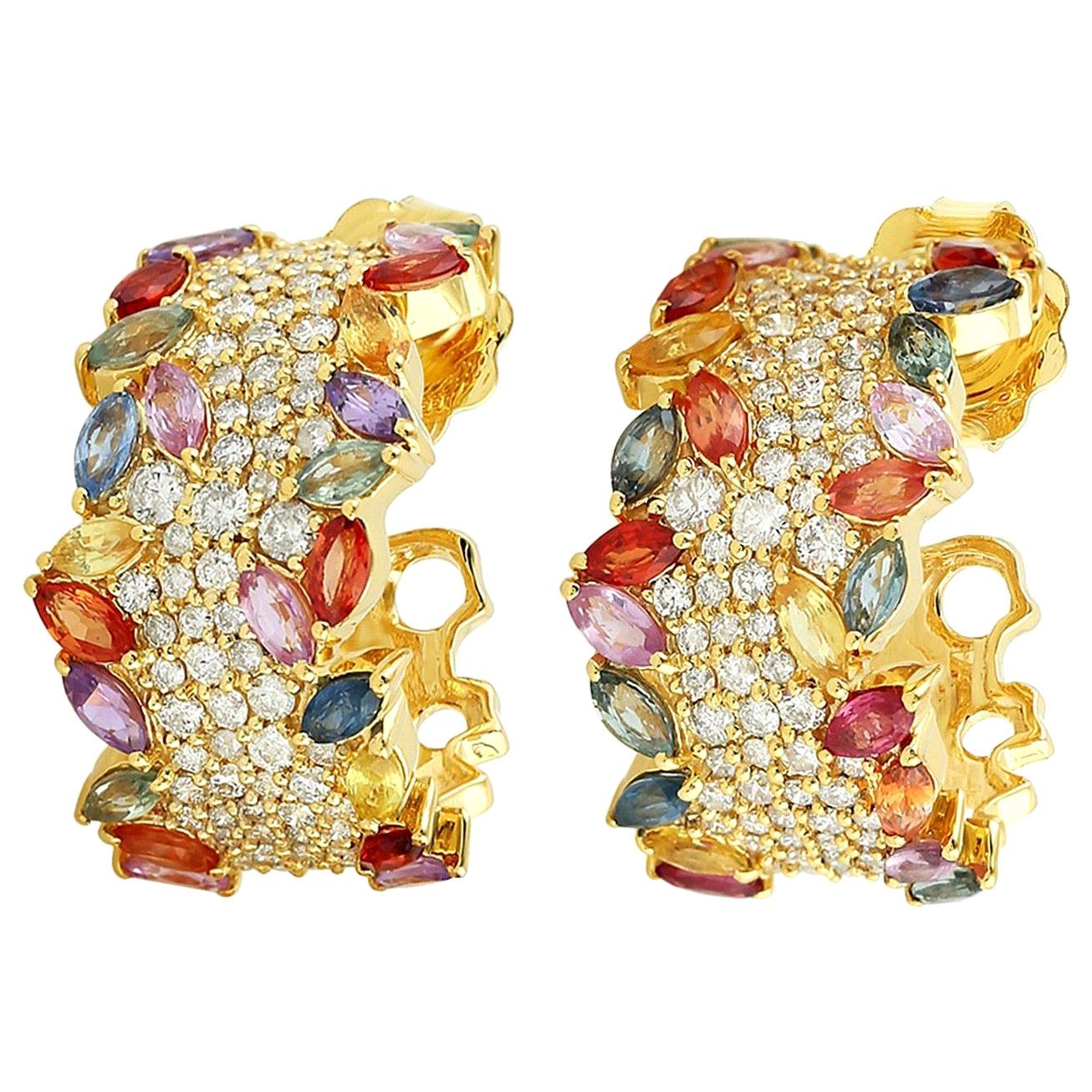 18 Karat Gold Rainbow Sapphire Diamond Hoop Earrings For Sale