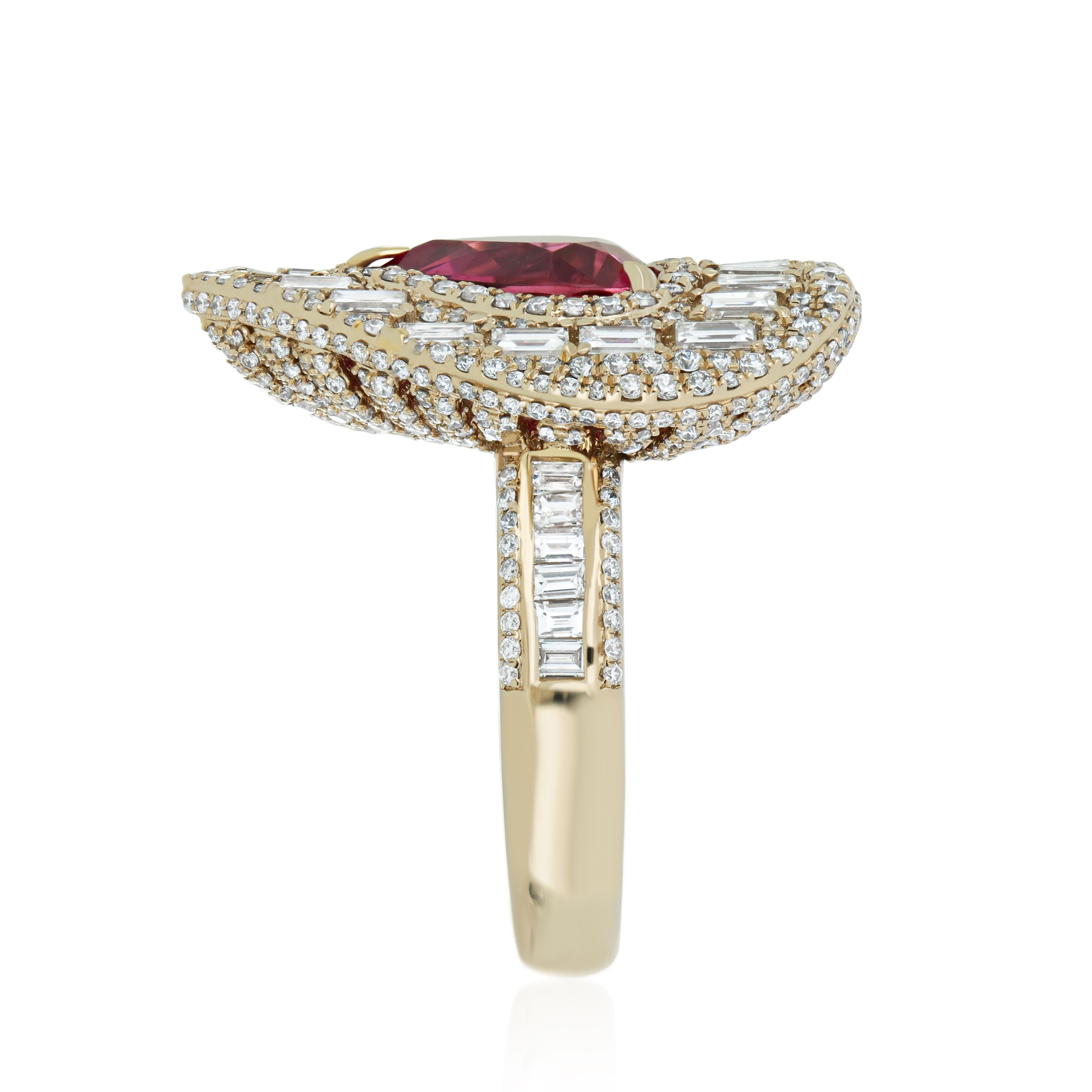 Heart Cut 4.9 Carat Rubellite and Diamond Studded Ring in 18K Yellow Gold Ring For Sale