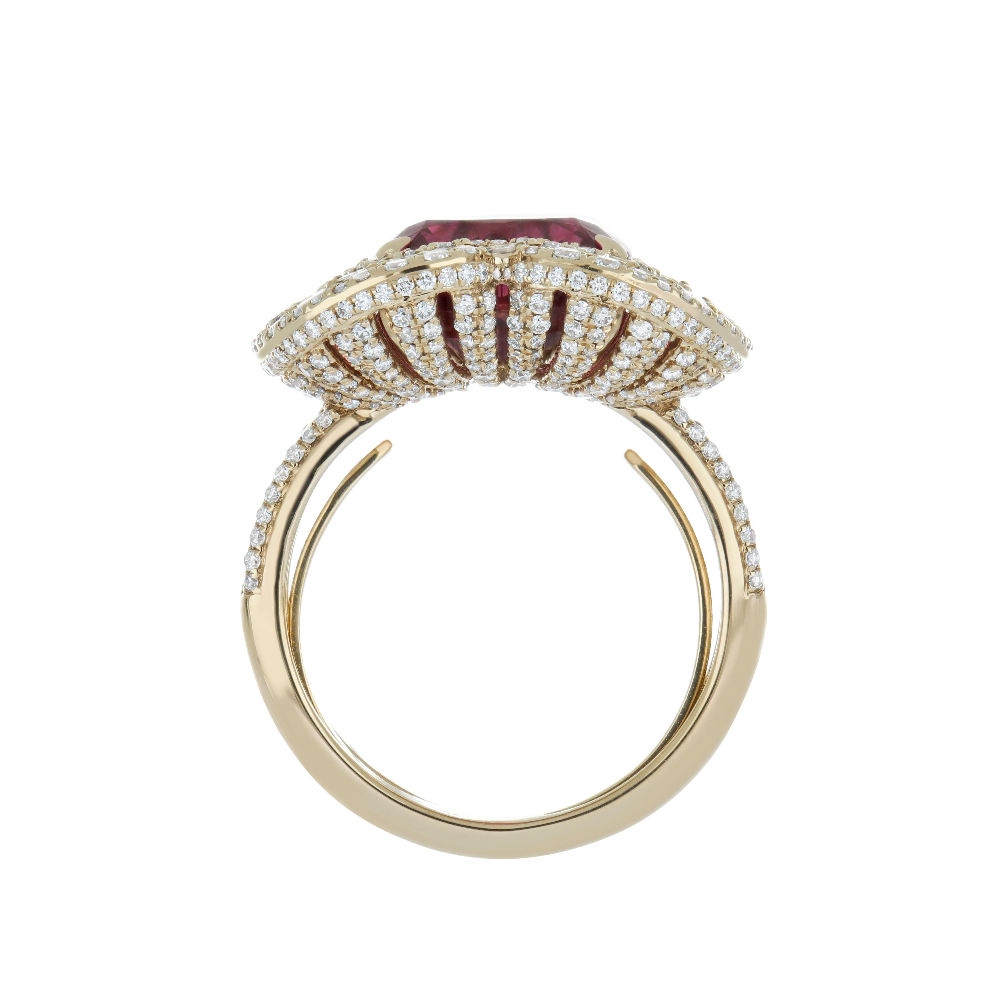 4.9 Carat Rubellite and Diamond Studded Ring in 18K Yellow Gold Ring For Sale 1