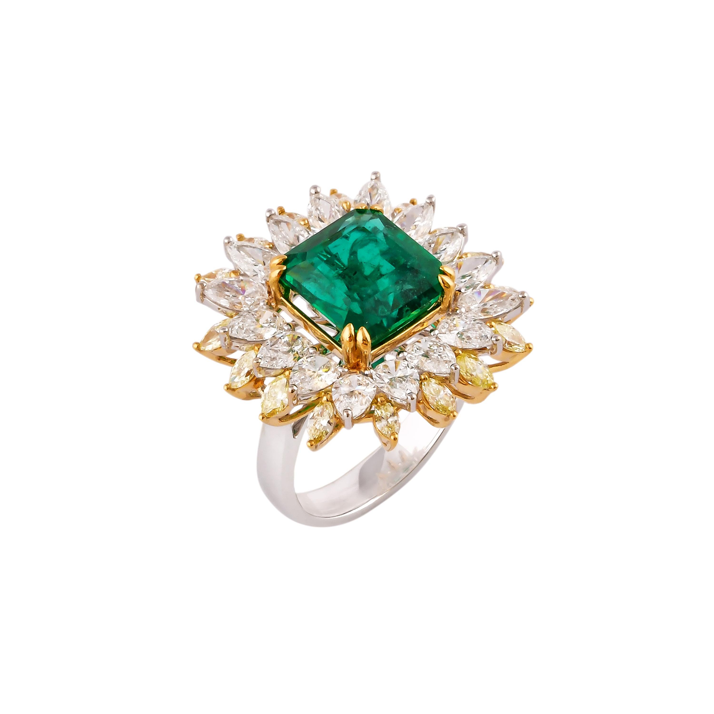 Emerald Cut GRS Certified 4.9 Carat Zambian Emerald and Diamond Ring in 18 Karat White Gold For Sale
