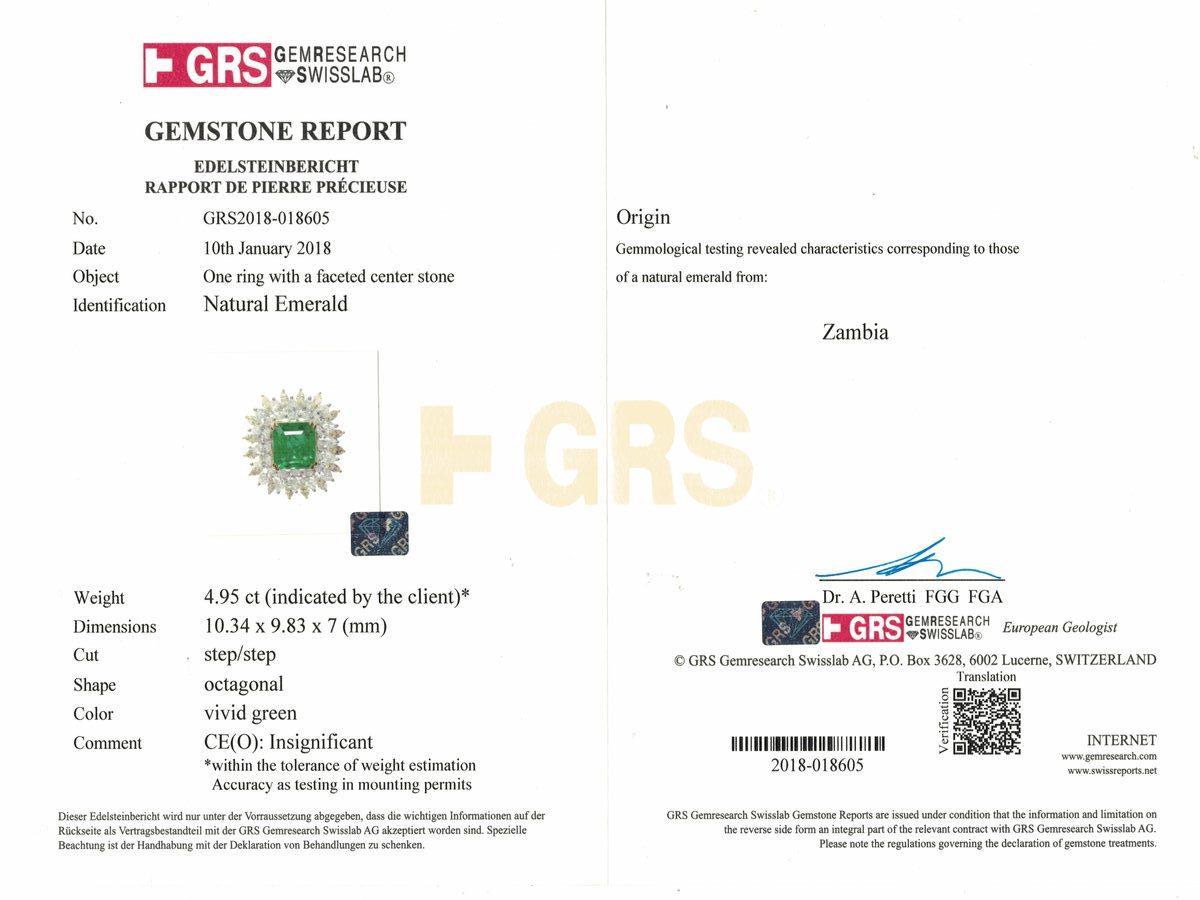 GRS-zertifizierter Ring mit 4,9 Karat sambischer Smaragd und Diamant aus 18 Karat Weißgold im Angebot 1