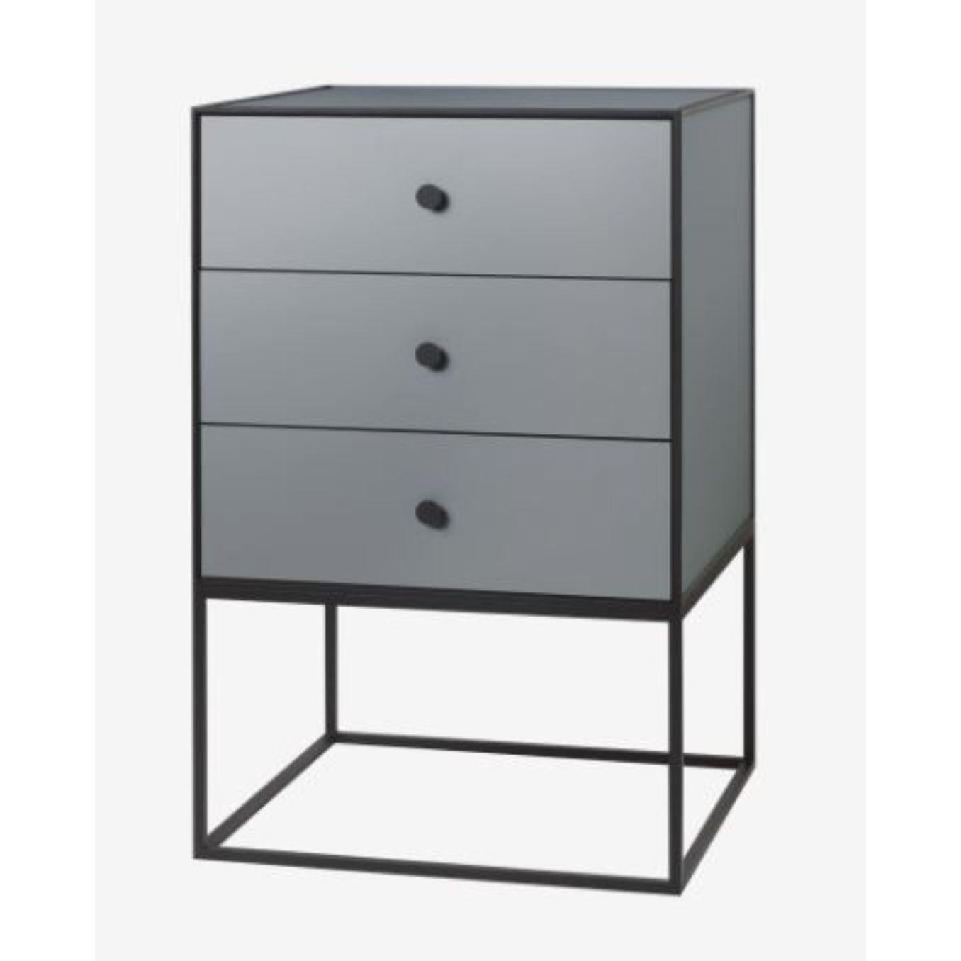 49 dark grey frame sideboard with 3-drawers by Lassen
Dimensions: d 49 x w 42 x h 77 cm 
Materials: Finér, Melamin, Melamine, Metal, Veneer
Also available in different colors and dimensions. 
Weight: 21 Kg

By Lassen is a Danish design brand
