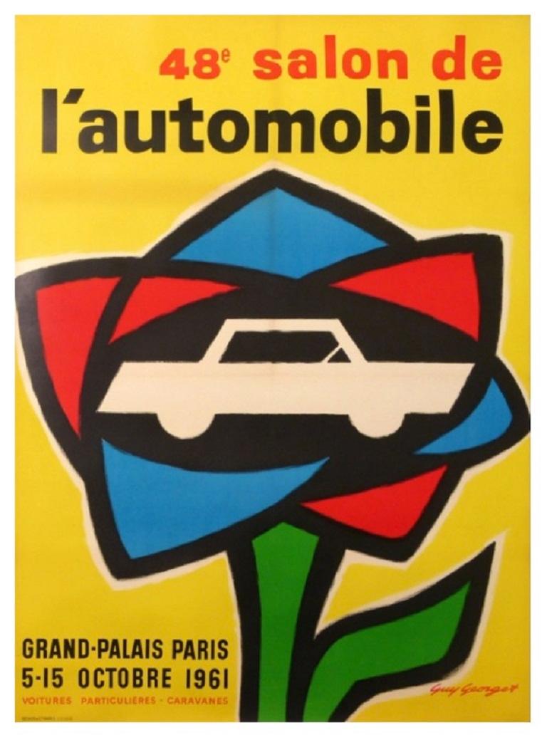 Original vintage 1960s Poster designed by Guy Georget for a motor show in Paris, held during the month of October.
