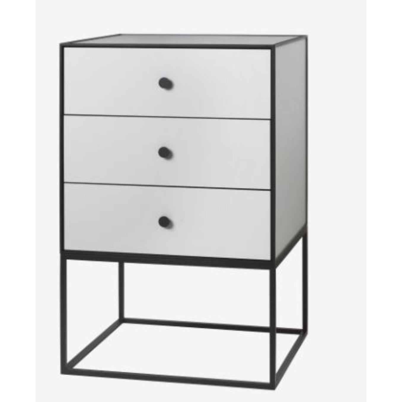 49 light grey frame sideboard with 3 drawers by Lassen
Dimensions: D 49 x W 42 x H 77 cm 
Materials: finér, melamin, melamine, metal, veneer
Also available in different colours and dimensions.
Weight: 21 Kg

By Lassen is a Danish design brand
