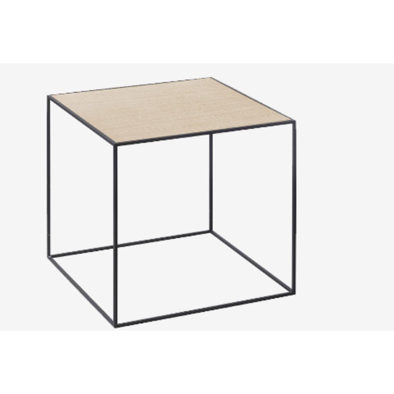 49 Oak brass twin table by Lassen.
Dimensions: w 49 x d 49 x h 0.5 cm. 
Materials: Finér, Melamin, Melamin, Melamine, metal, veneer, oak, brass.
Also available in different colors and dimensions. 

With an uncomplicated simplicity and a fond