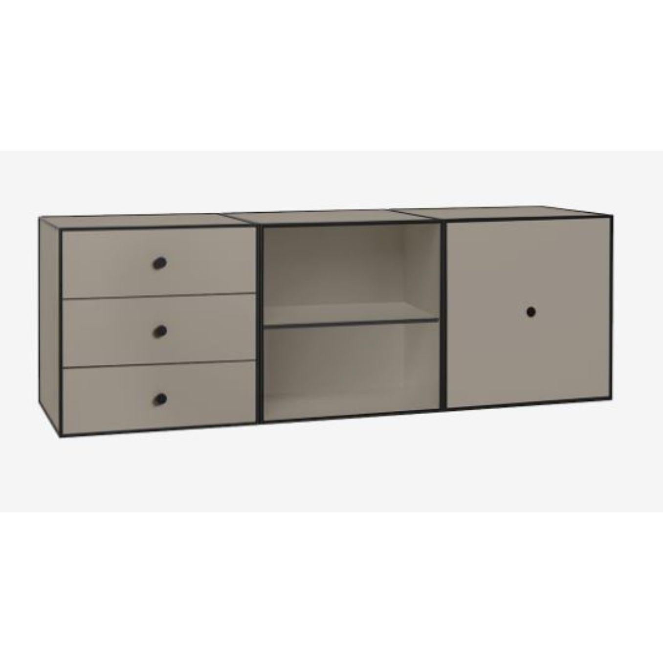 49 Sand frame box trio by Lassen
Dimensions: D 147 x W 42 x H 49 cm 
Materials: finér, melamin, melamine, metal, veneer
Also available in different colours and dimensions.
Weight: 45 Kg

By Lassen is a Danish design brand focused on iconic