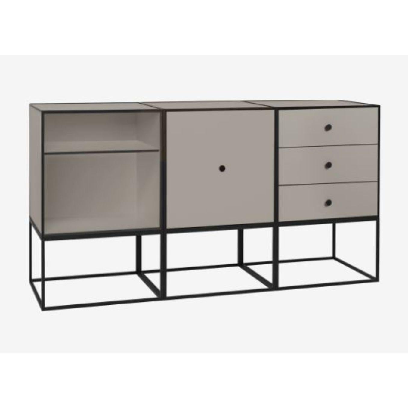 49 sand frame sideboard trio by Lassen
Dimensions: D 147 x W 42 x H 77 cm 
Materials: Finér, melamin, melamine, metal, veneer
Also available in different colours and dimensions.
Weight: 88 kg

By Lassen is a Danish design brand focused on