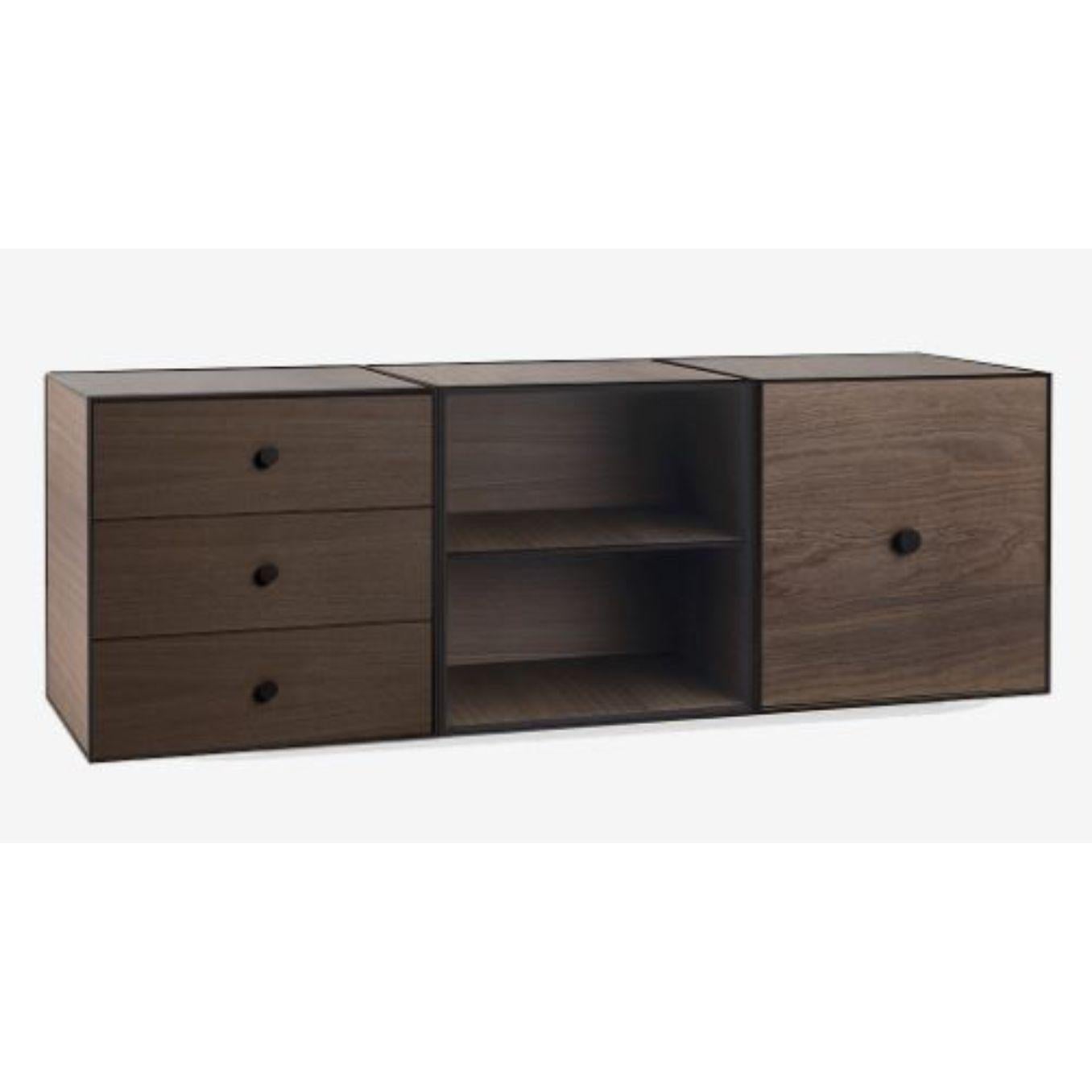 49 Smoked oak frame box trio by Lassen
Dimensions: D 147 x W 42 x H 49 cm 
Materials: finér, melamin, melamine, metal, veneer, oak
Also available in different colors and dimensions. 
Weight: 45 Kg

By Lassen is a Danish design brand focused on