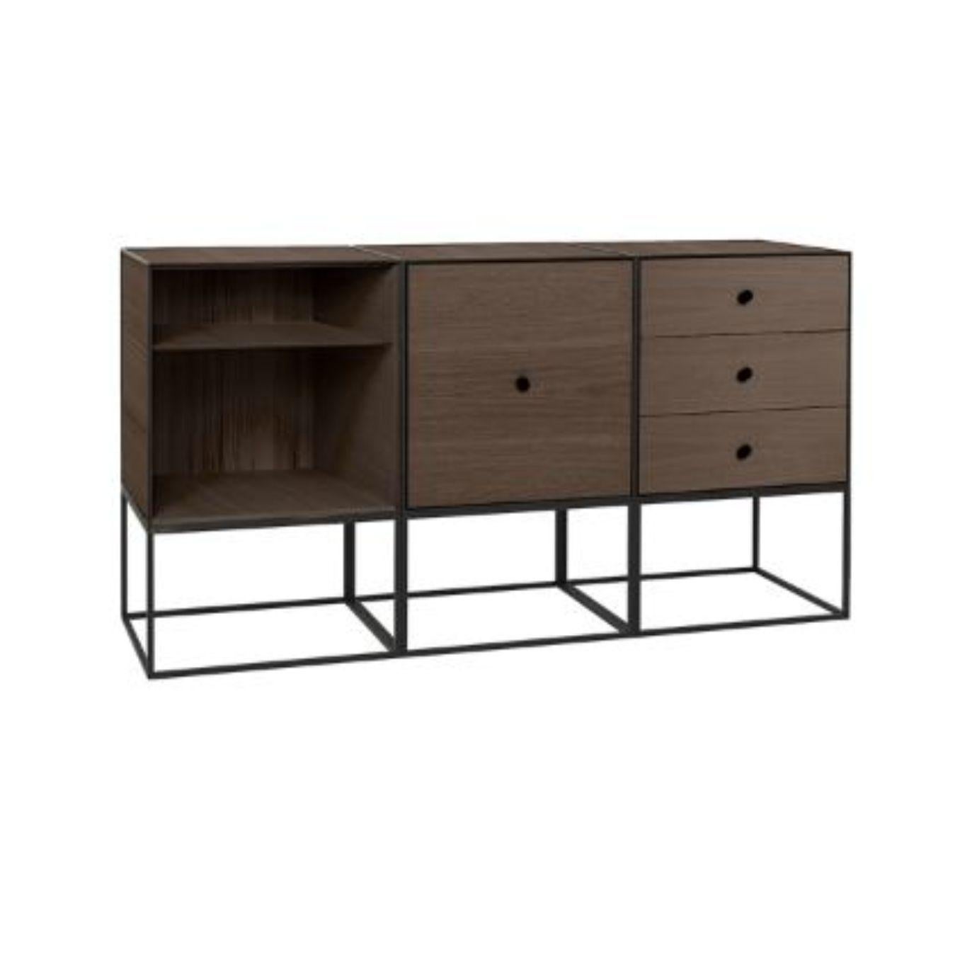 49 Smoked oak frame sideboard trio by Lassen
Dimensions: D 147 x W 42 x H 77 cm 
Materials: finér, melamin, melamine, metal, veneer, oak
Also available in different colours and dimensions.
Weight: 88 Kg

By Lassen is a Danish design brand