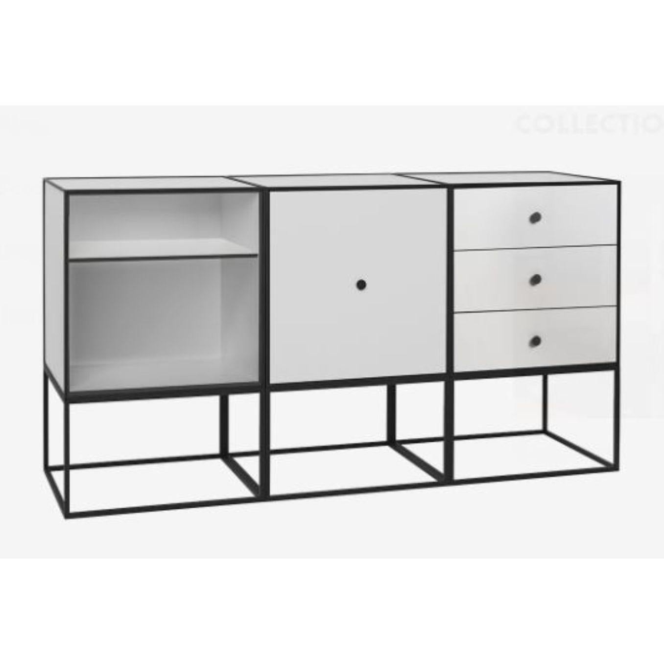 49 white frame sideboard trio by Lassen.
Dimensions: D 147 x W 42 x H 77 cm. 
Materials: Finér, Melamin, Melamine, Metal, Veneer.
Also available in different colors and dimensions. 
Weight: 88 Kg

By Lassen is a Danish design brand focused on