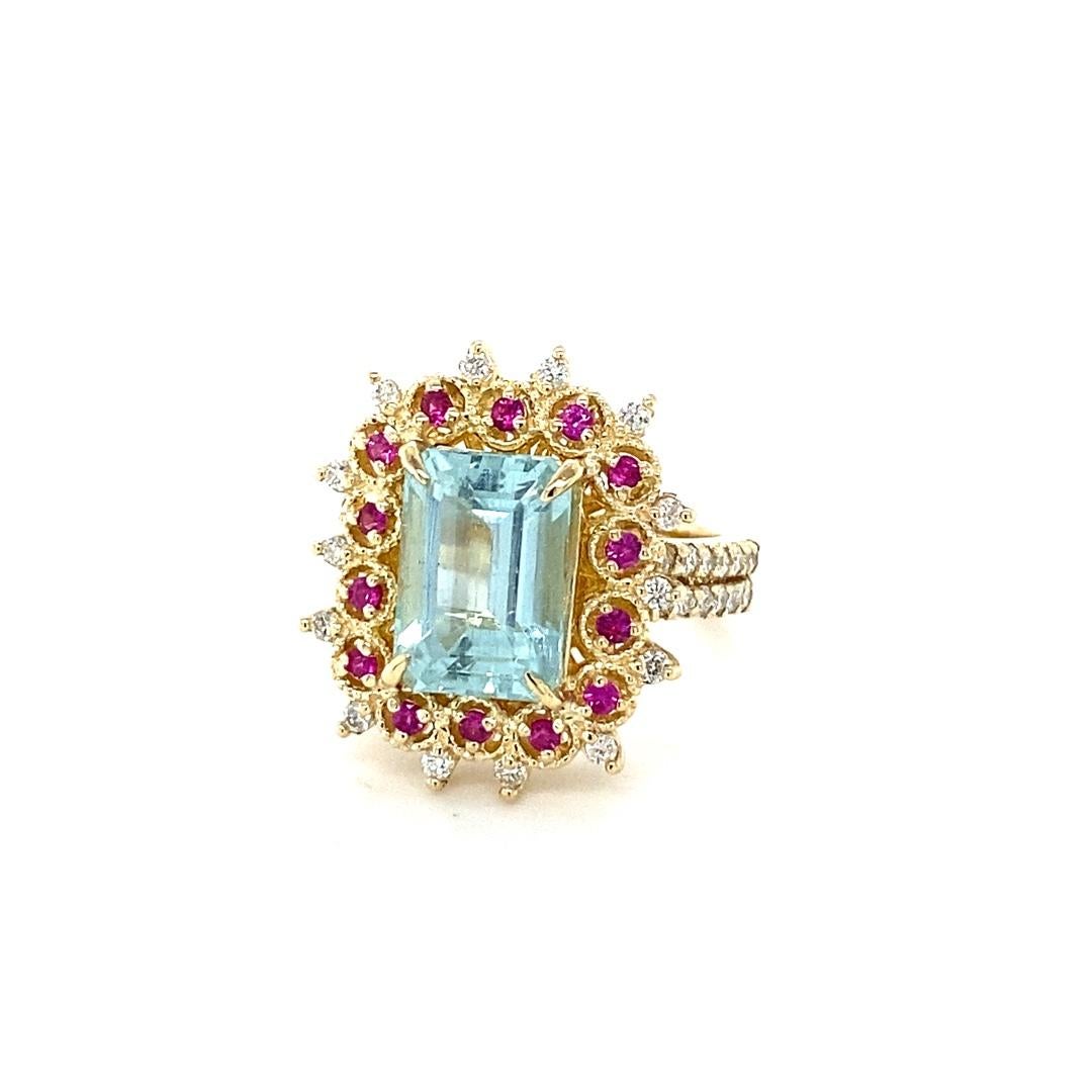 Contemporary 4.90 Carat Aquamarine Pink Sapphire Diamond Yellow Gold Cocktail Ring For Sale