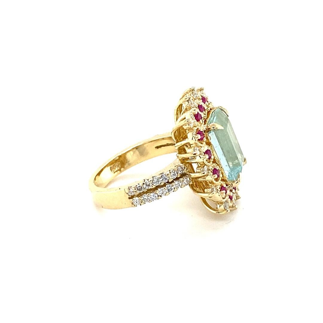 Emerald Cut 4.90 Carat Aquamarine Pink Sapphire Diamond Yellow Gold Cocktail Ring For Sale