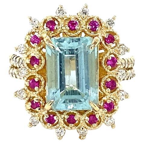 4.90 Carat Aquamarine Pink Sapphire Diamond Yellow Gold Cocktail Ring For Sale