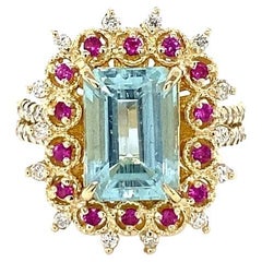 4.90 Carat Aquamarine Pink Sapphire Diamond Yellow Gold Cocktail Ring