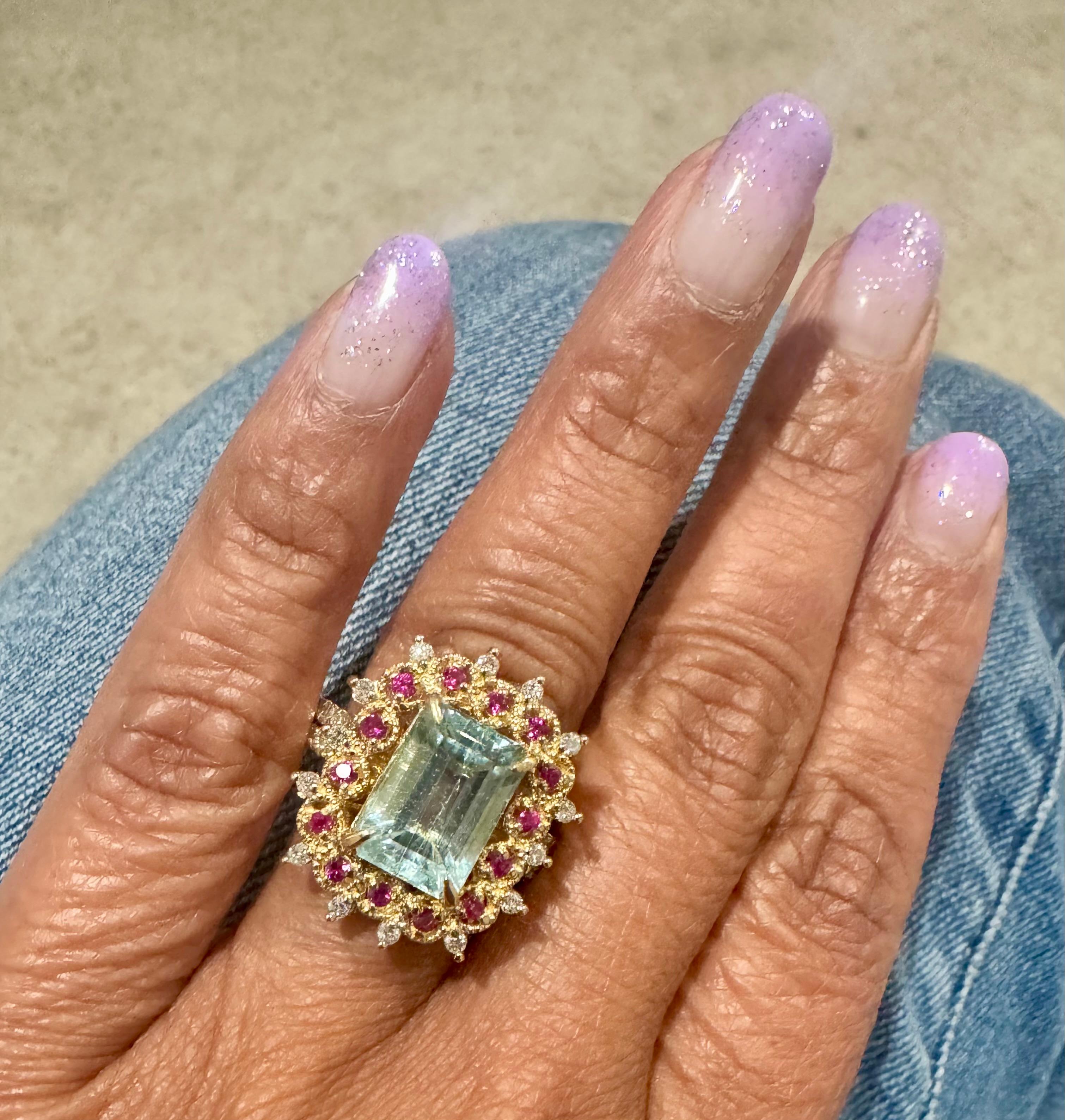 Bague cocktail en or jaune avec aigue-marine, saphir rose et diamant de 4,90 carats en vente 4