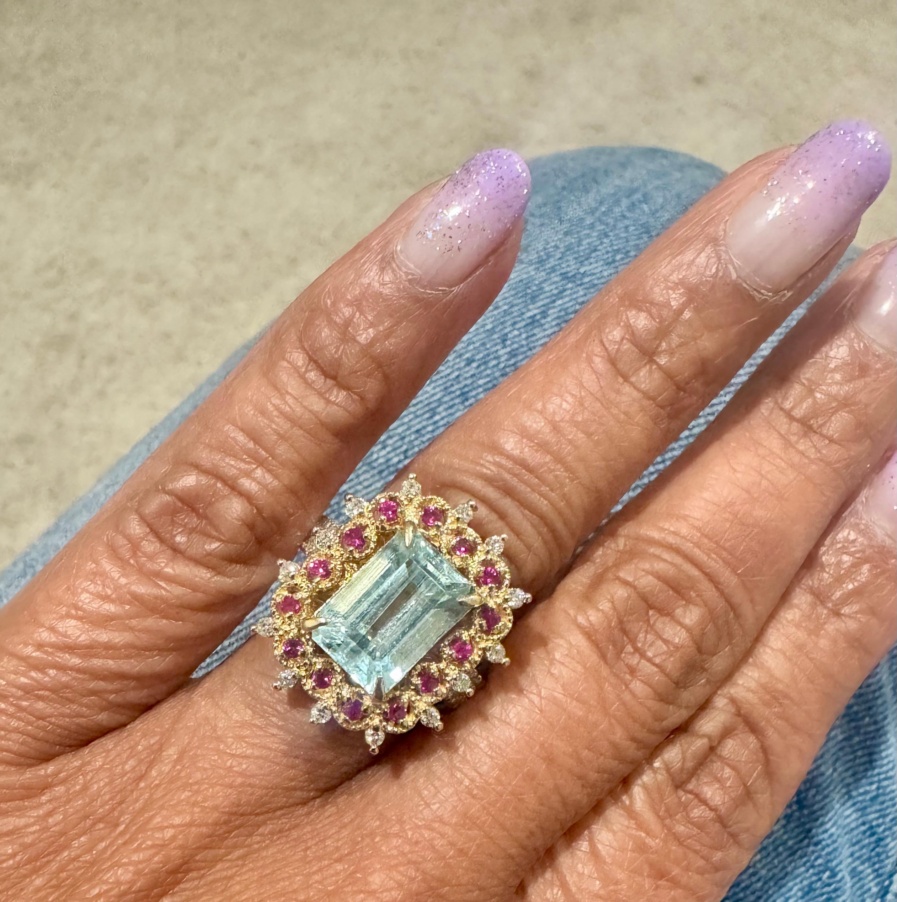 Bague cocktail en or jaune avec aigue-marine, saphir rose et diamant de 4,90 carats en vente 5