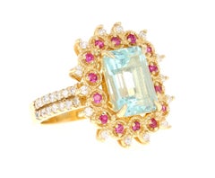 4.90 Carat Aquamarine Pink Sapphire Diamond Yellow Gold Cocktail Ring