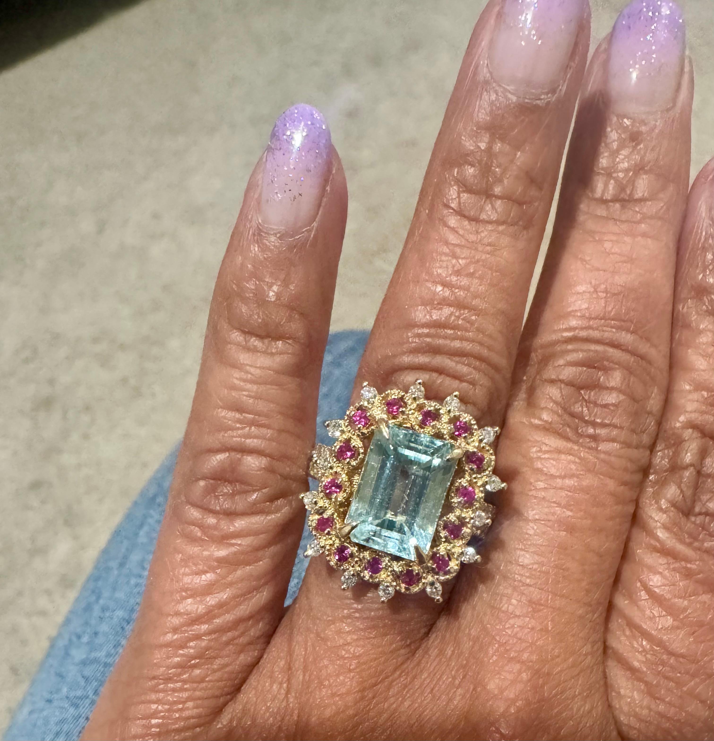 Bague cocktail en or jaune avec aigue-marine, saphir rose et diamant de 4,90 carats en vente 1