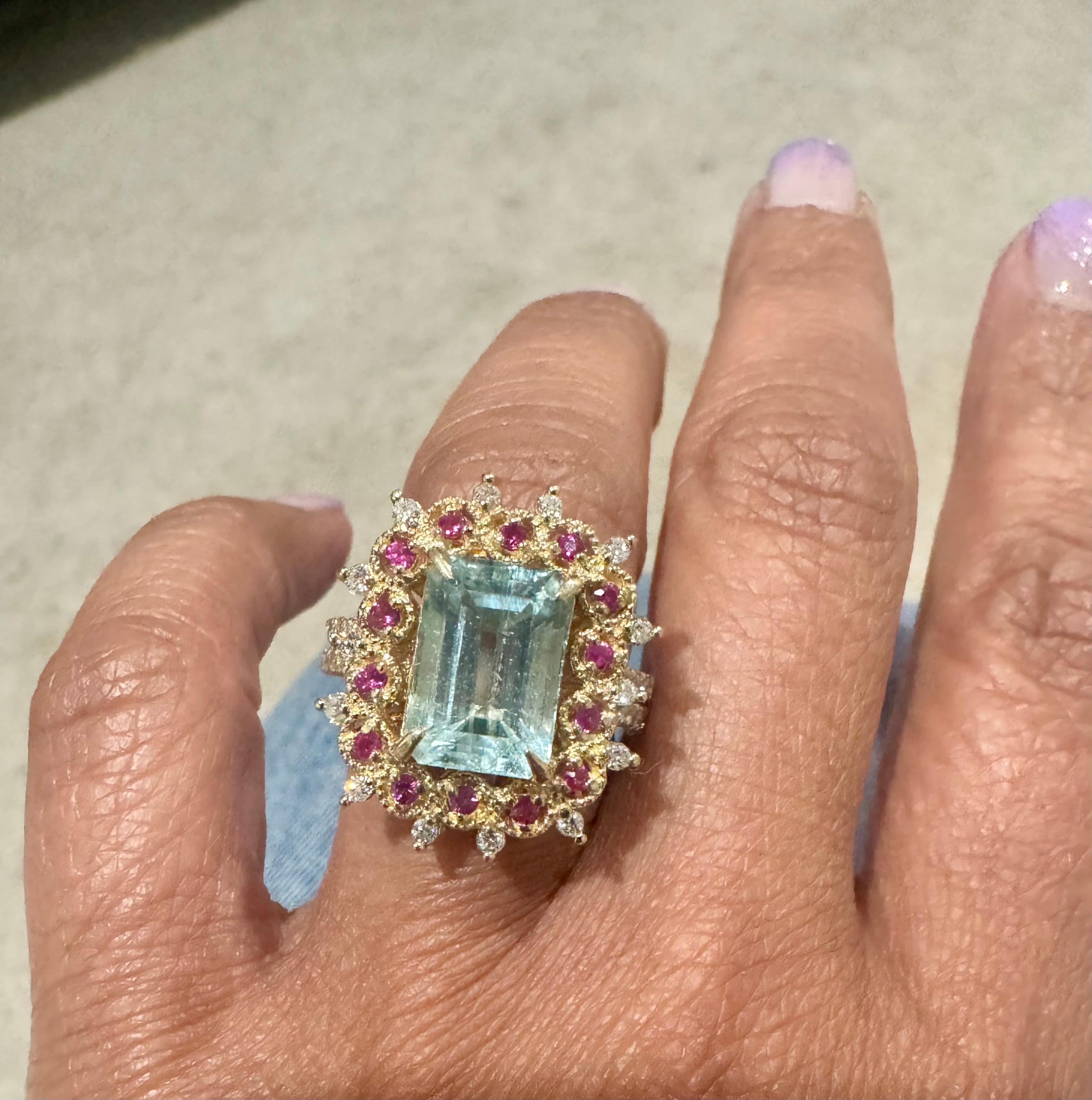 Bague cocktail en or jaune avec aigue-marine, saphir rose et diamant de 4,90 carats en vente 3