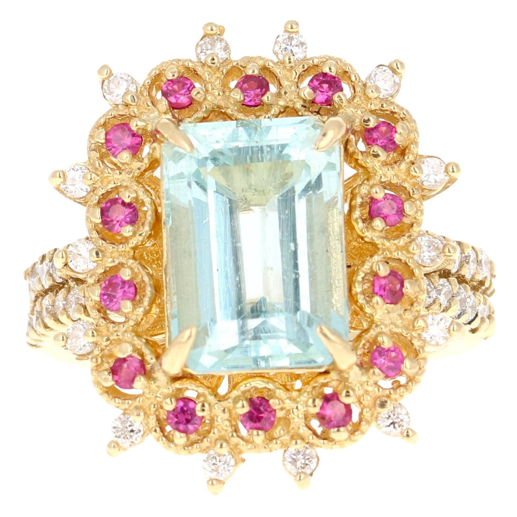 Bague cocktail en or jaune avec aigue-marine, saphir rose et diamant de 4,90 carats