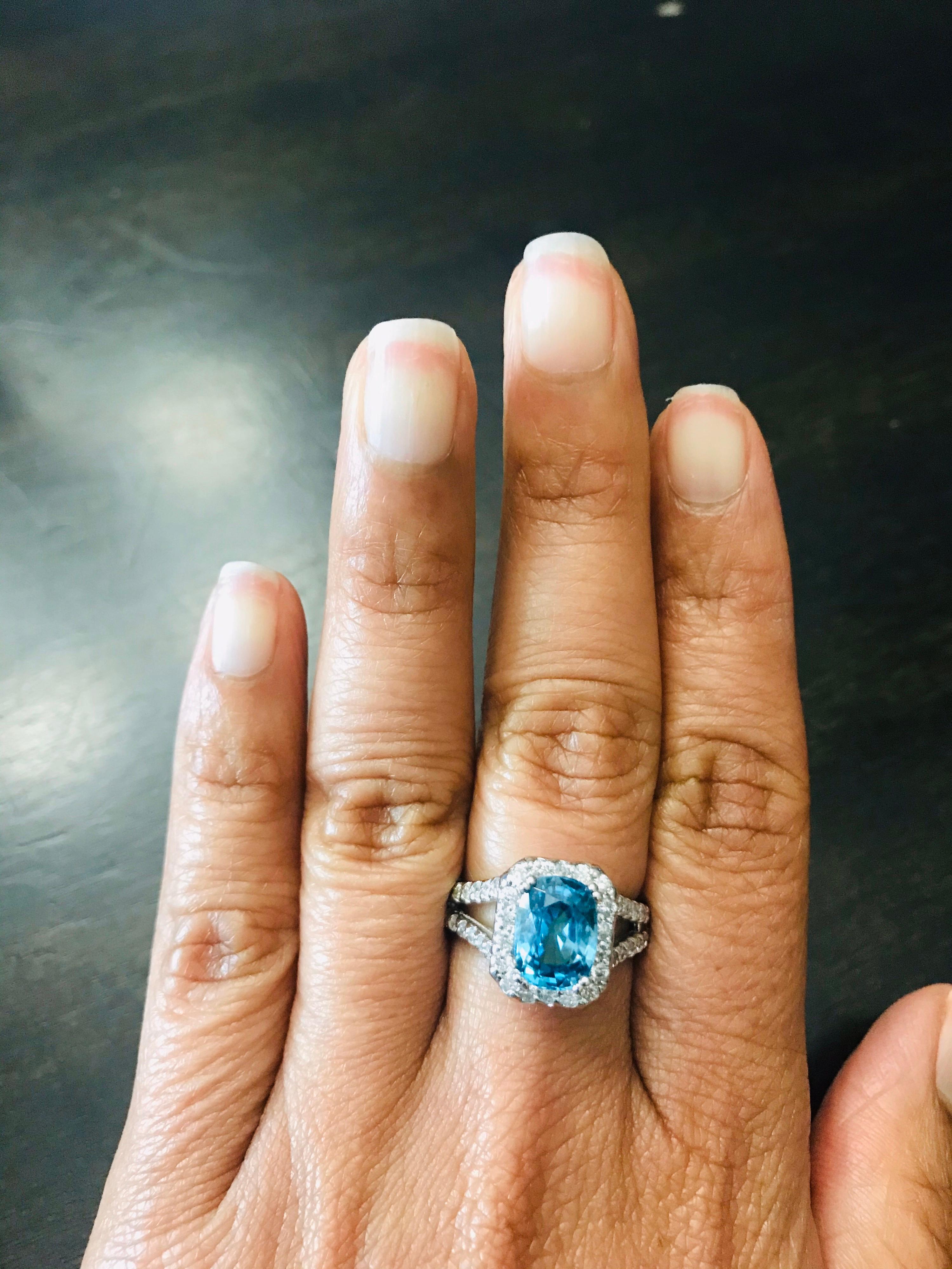 Contemporary 4.90 Carat Blue Zircon Diamond 14 Karat White Gold Ring For Sale