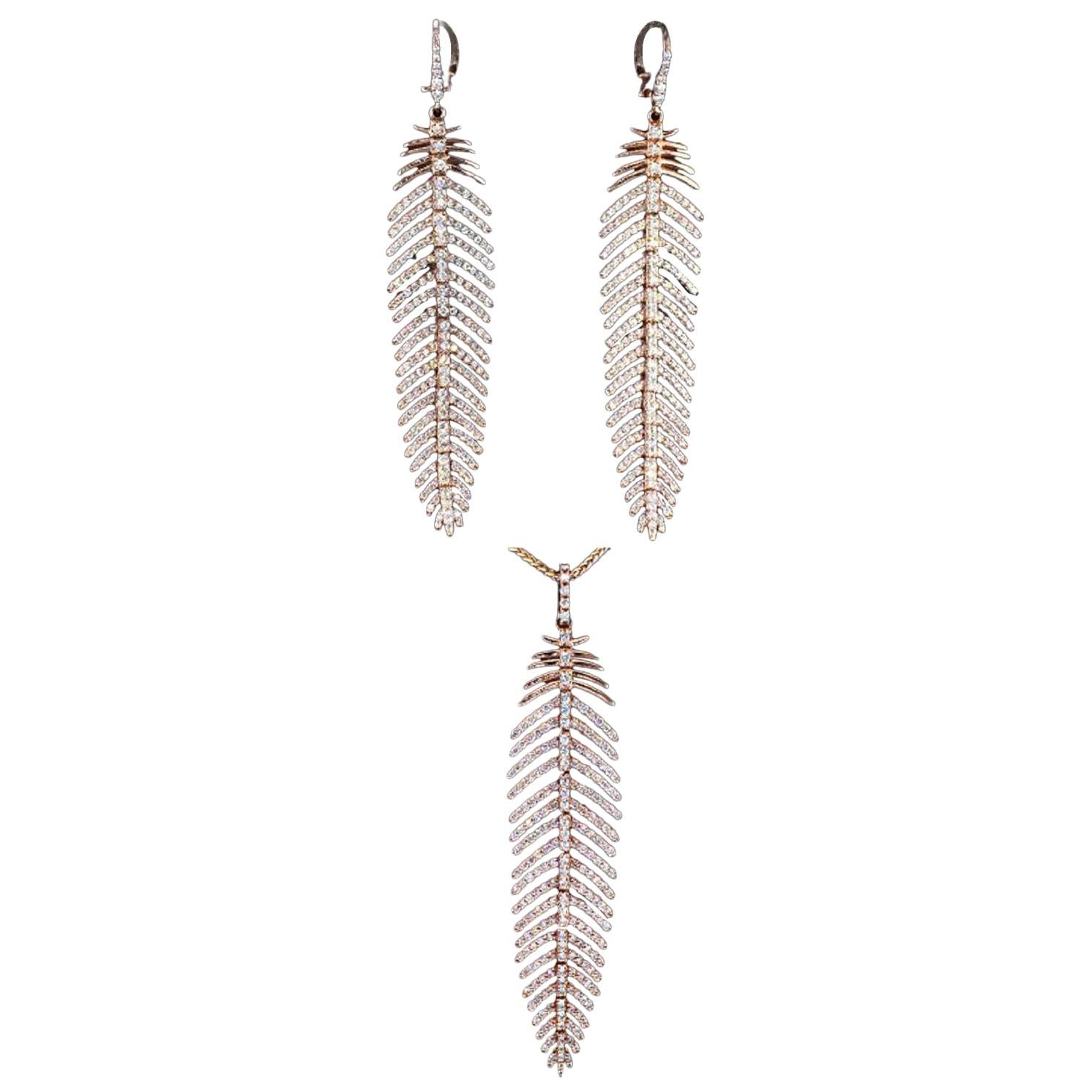4.86 Carat Diamond Feather Dangle Pendent and Earring Set Rose Gold 14K