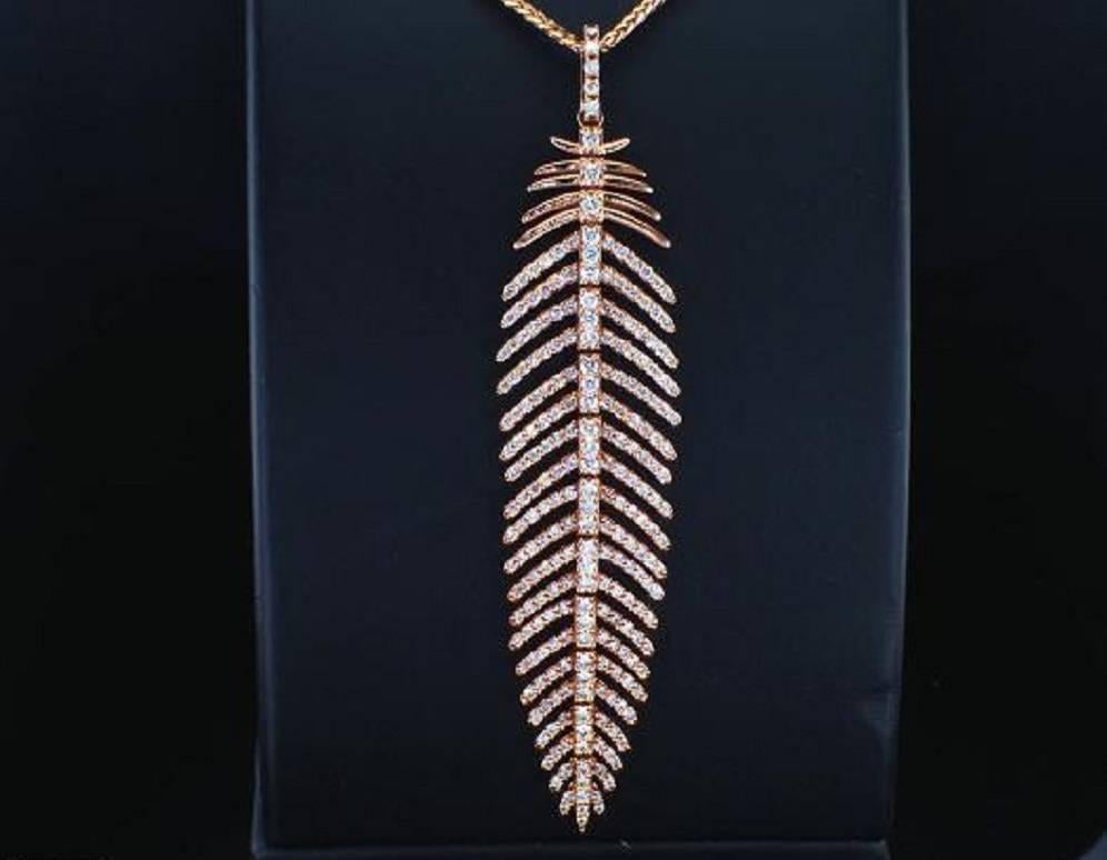 Round Cut 4.86 Carat Diamond Feather Dangle Pendent and Earring Set Rose Gold 14K For Sale